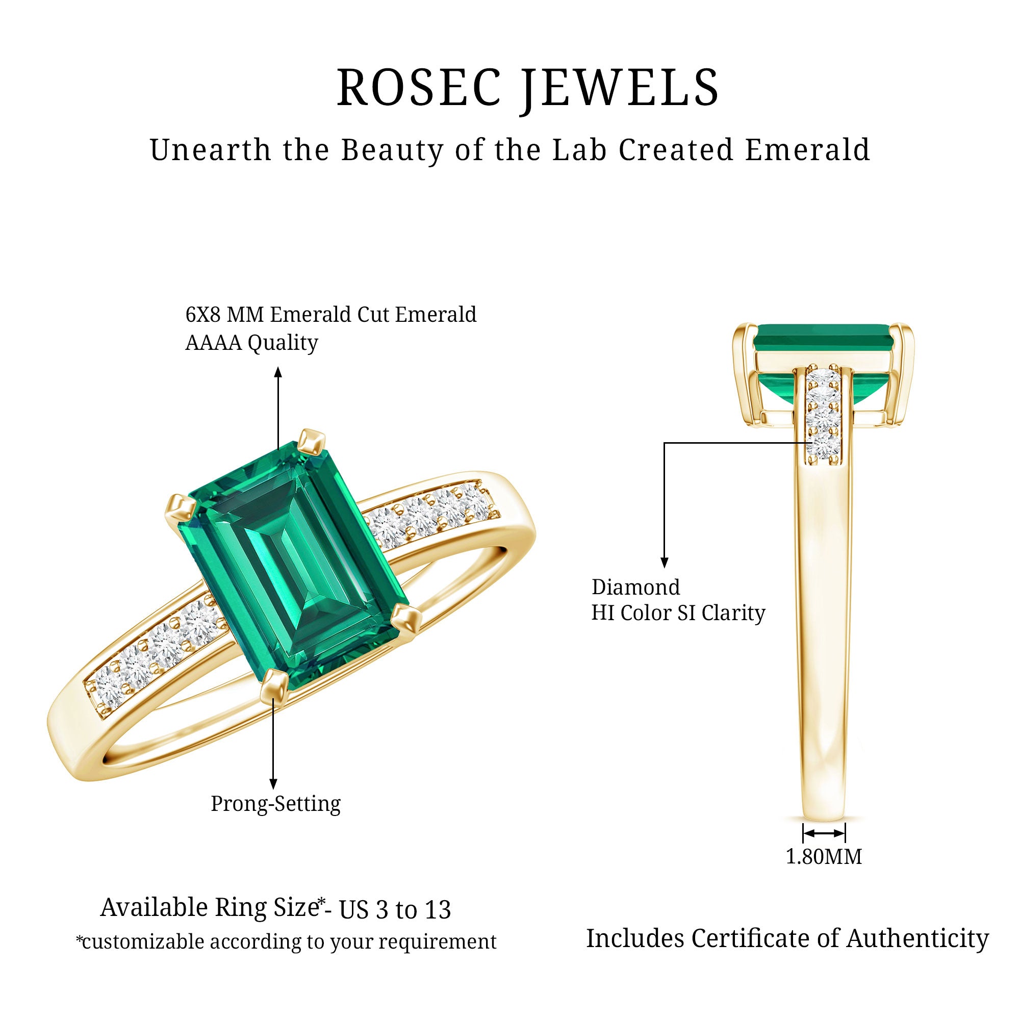 Octagon Lab Grown Emerald Solitaire Engagement Ring with Diamond AAAA - Rosec Jewels
