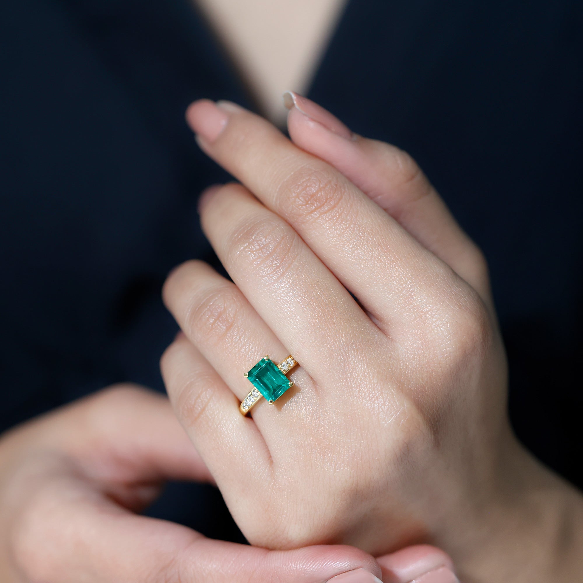 Octagon Lab Grown Emerald Solitaire Engagement Ring with Diamond AAAA - Rosec Jewels