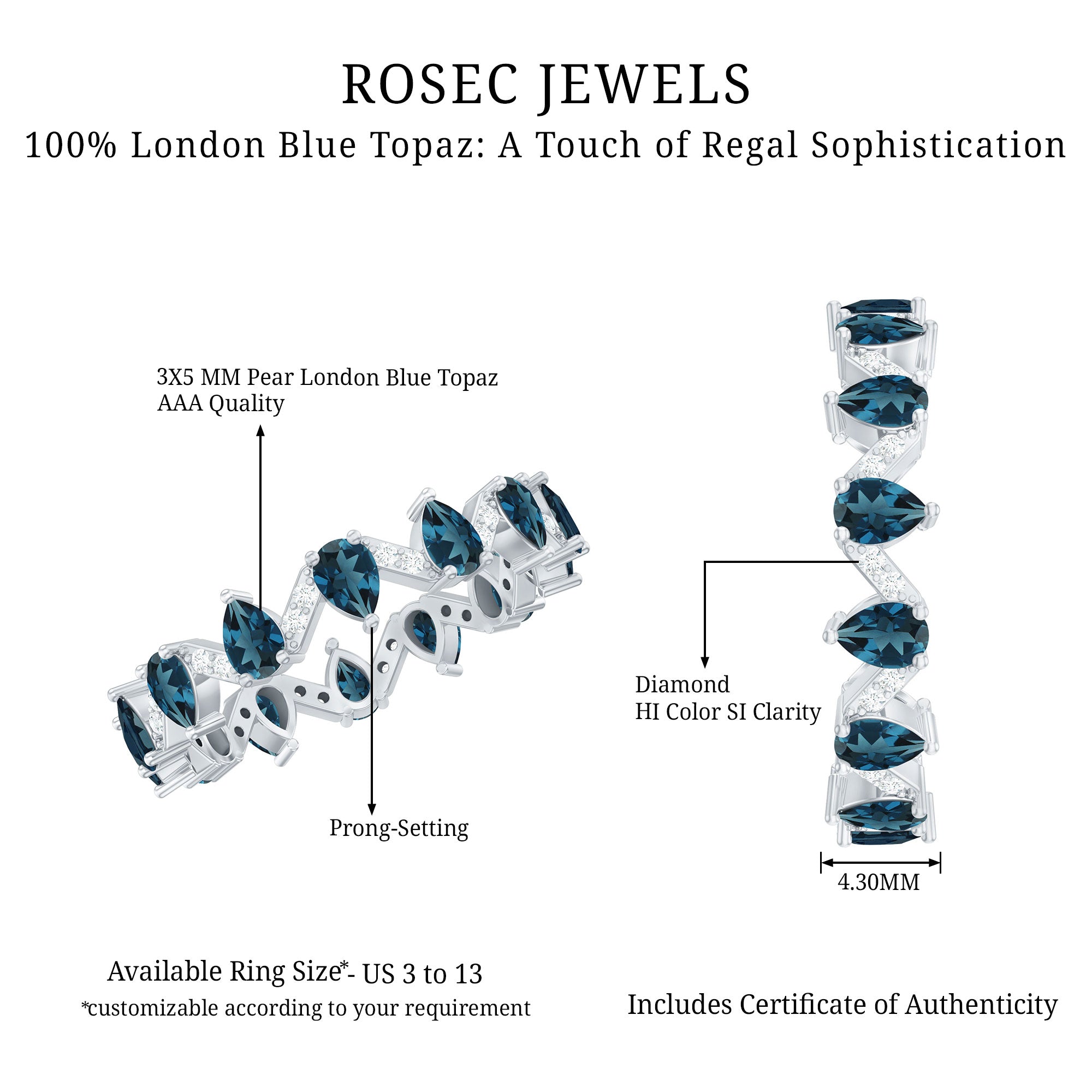 Pear Shape London Blue Topaz and Diamond Full Eternity Band AAA - Rosec Jewels