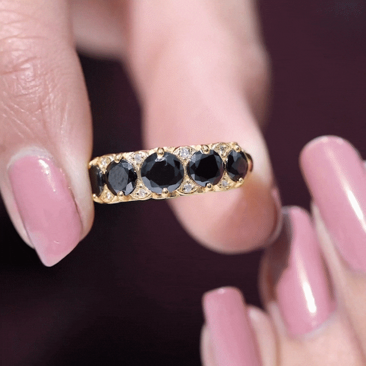 Vintage Inspired Black Onyx 5 Stone Anniversary Ring with Certificate AAA - Rosec Jewels