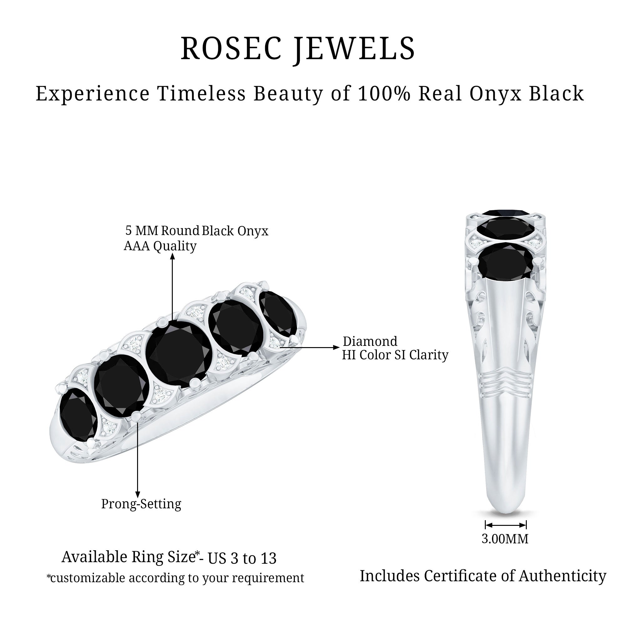 Vintage Inspired Black Onyx 5 Stone Anniversary Ring with Certificate AAA - Rosec Jewels