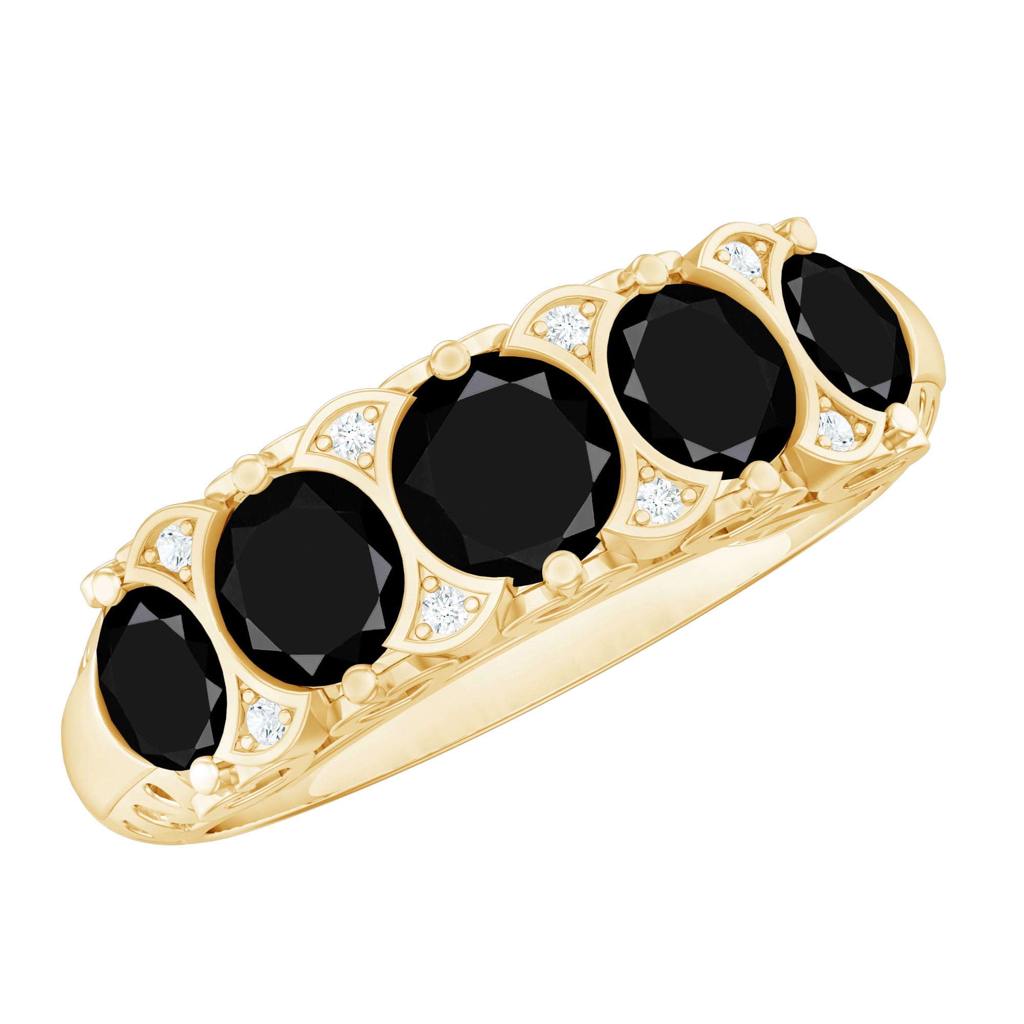 Vintage Inspired Black Onyx 5 Stone Anniversary Ring with Certificate AAA - Rosec Jewels