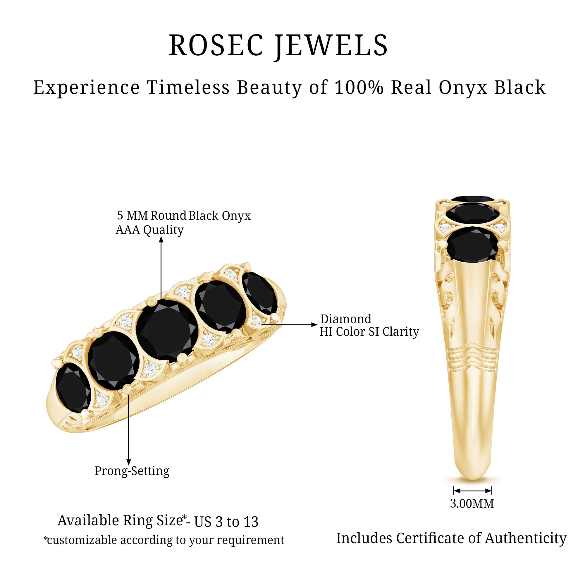 Vintage Inspired Black Onyx 5 Stone Anniversary Ring with Certificate AAA - Rosec Jewels