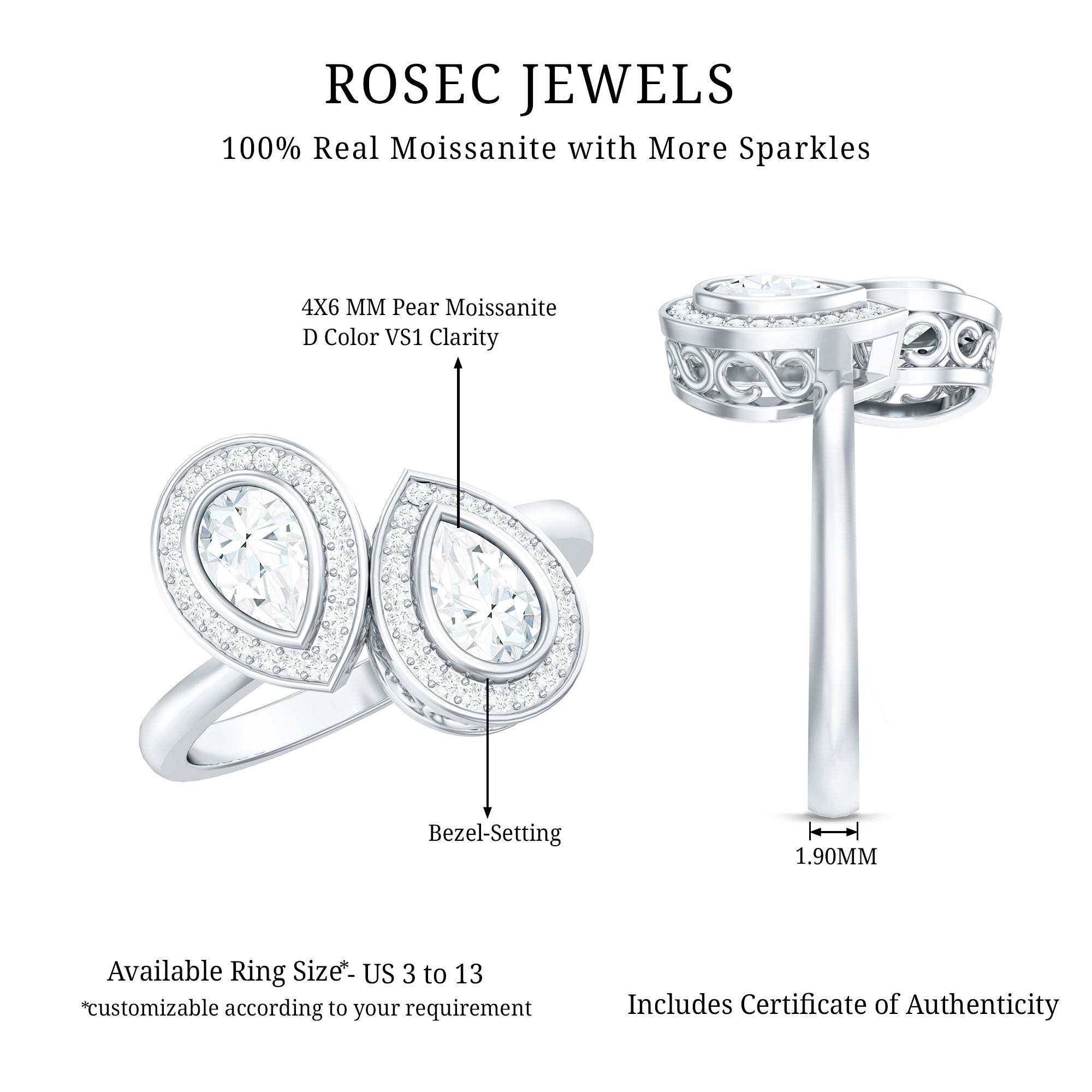 Pear Cut Moissanite Two Stone Engagement Ring with Halo D-VS1 - Rosec Jewels