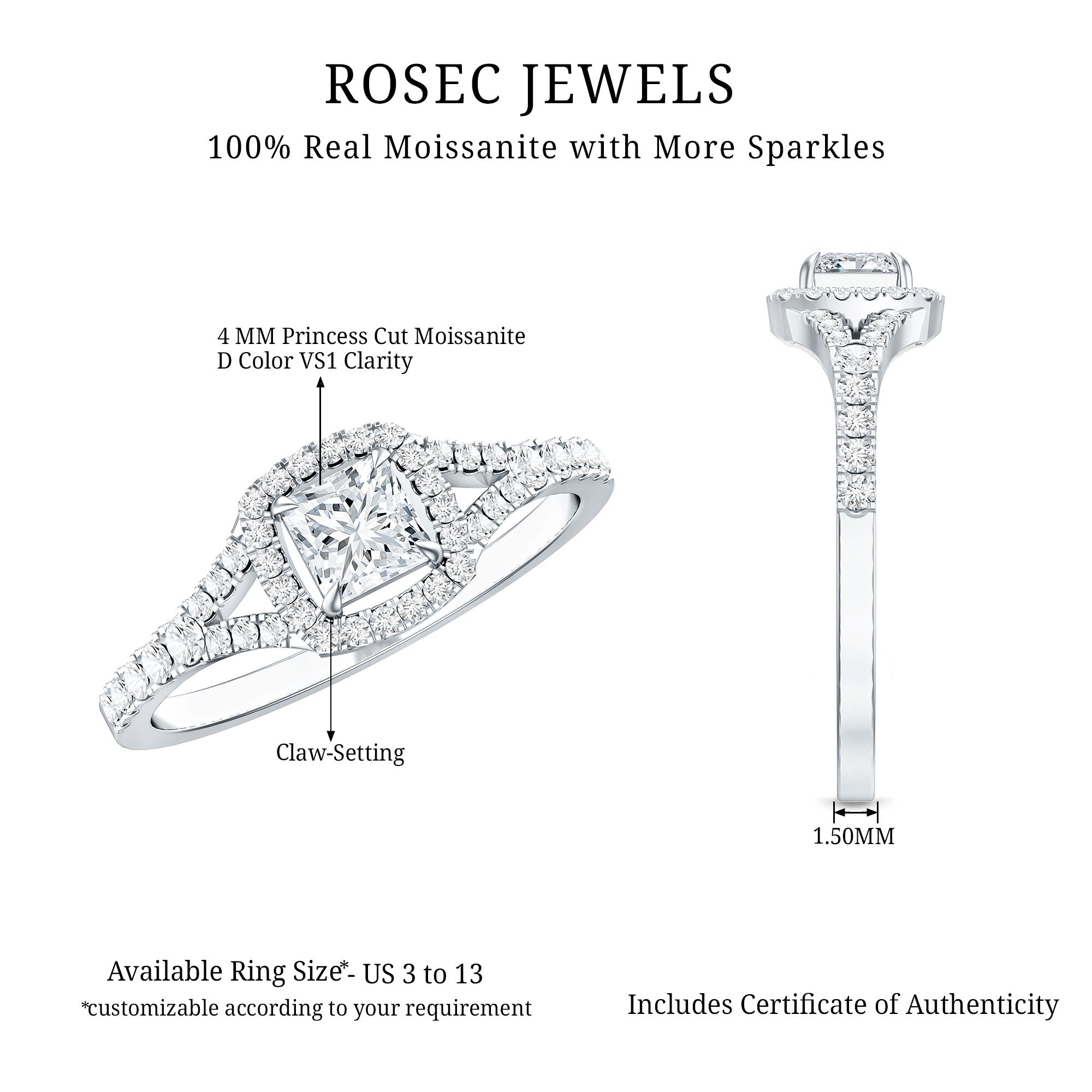 Princess Cut Moissanite Halo Engagement Ring with Split Shank D-VS1 - Rosec Jewels