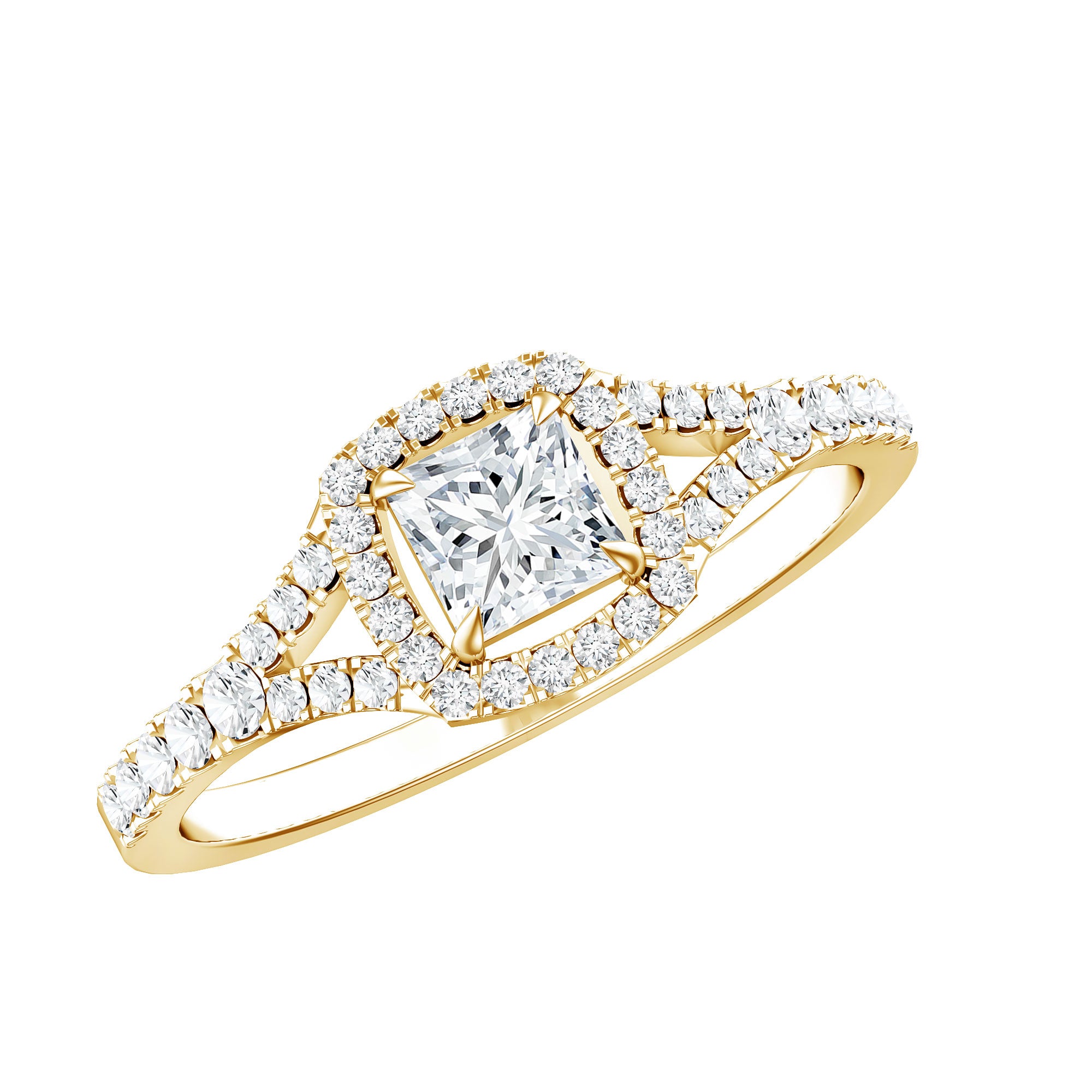 Princess Cut Moissanite Halo Engagement Ring with Split Shank D-VS1 - Rosec Jewels