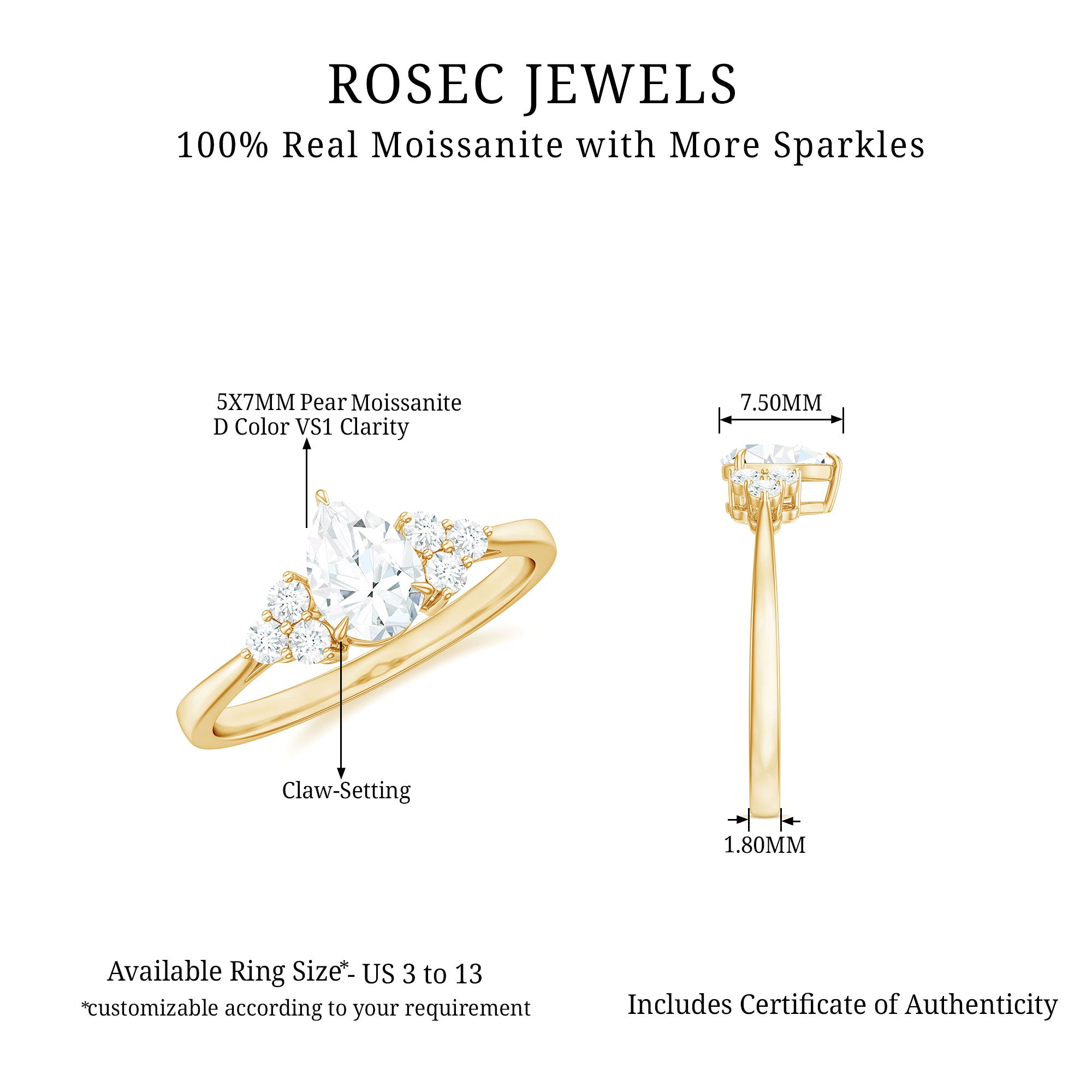 Brilliant Cut Moissanite Trio Engagement Ring For Women D-VS1 - Rosec Jewels