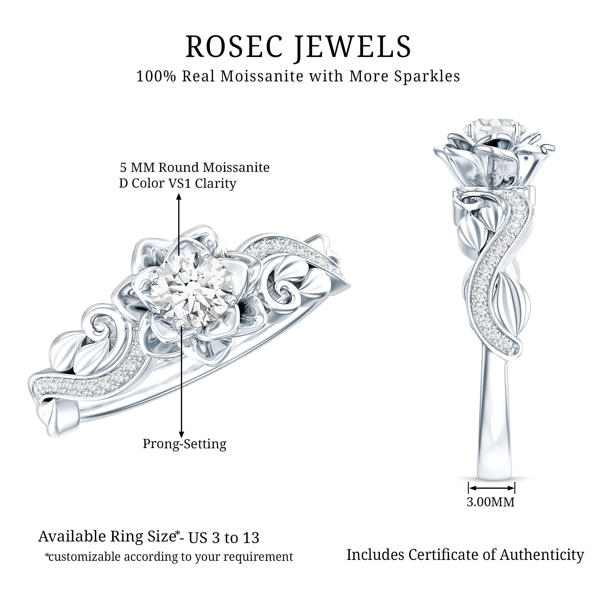 Certified Flower Inspired Moissanite Engagement Ring For Women D-VS1 - Rosec Jewels