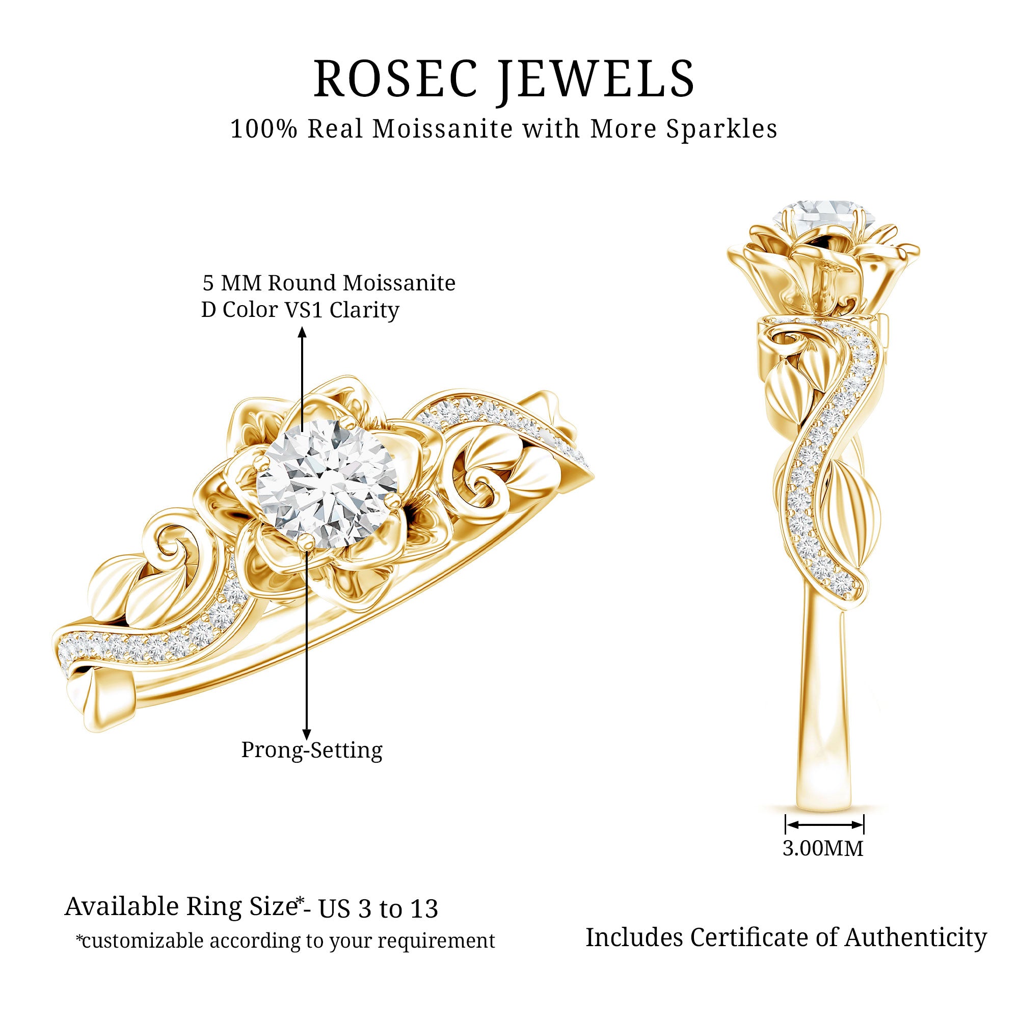 Certified Flower Inspired Moissanite Engagement Ring For Women D-VS1 - Rosec Jewels