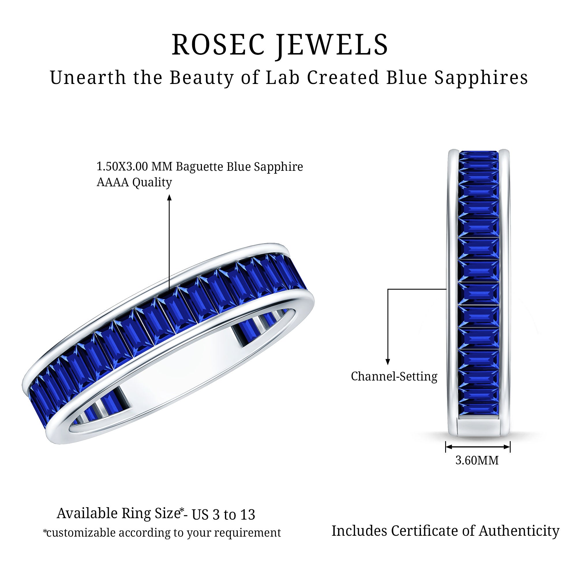 Certified Lab Grown Blue Sapphire Baguette Eternity Band Ring for Women AAAA - Rosec Jewels