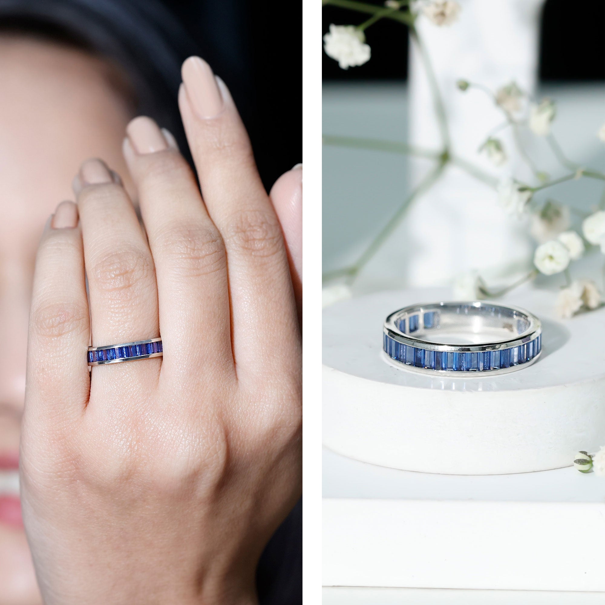 Certified Lab Grown Blue Sapphire Baguette Eternity Band Ring for Women AAAA - Rosec Jewels
