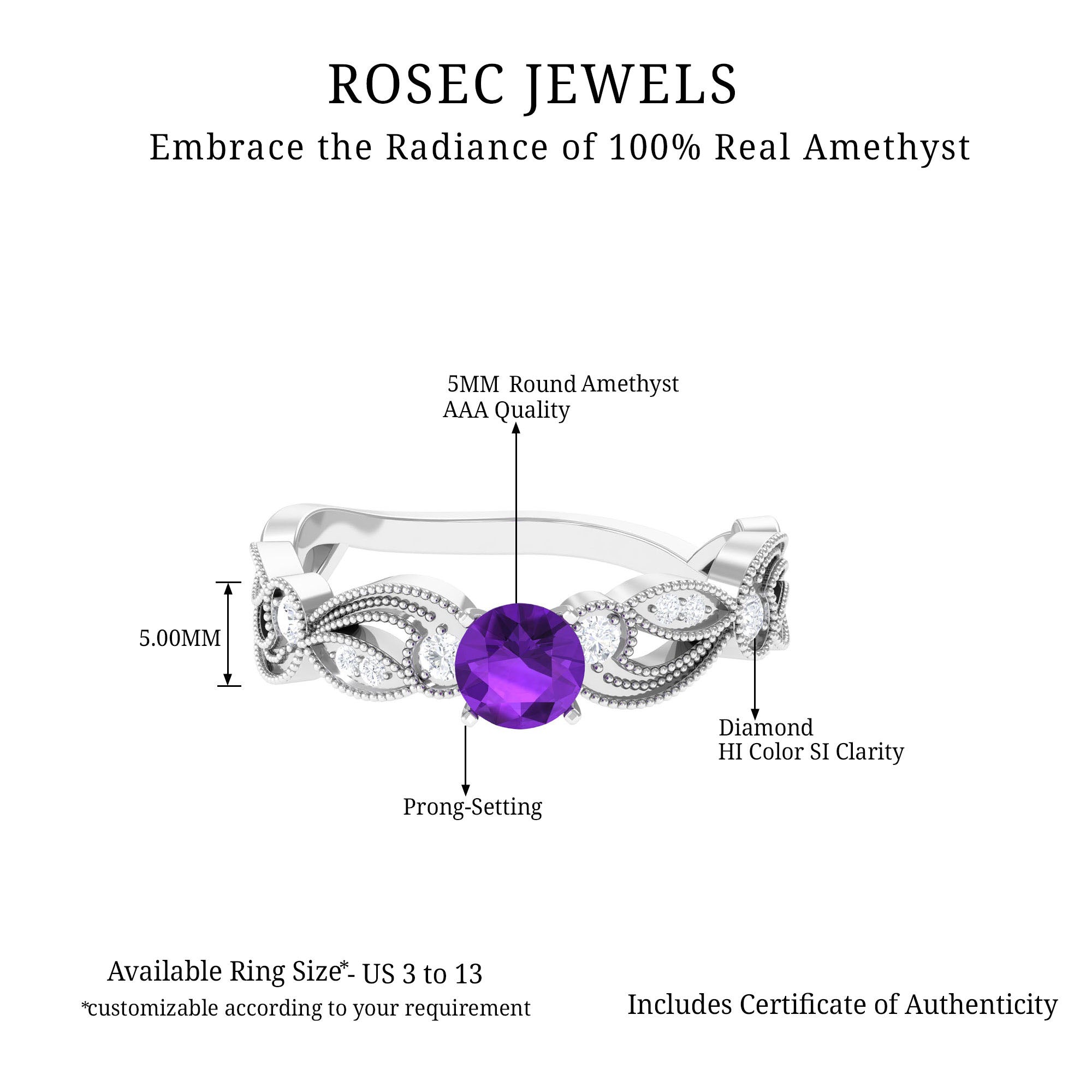 Vintage Inspired Amethyst Engagement Ring with Diamond AAA - Rosec Jewels