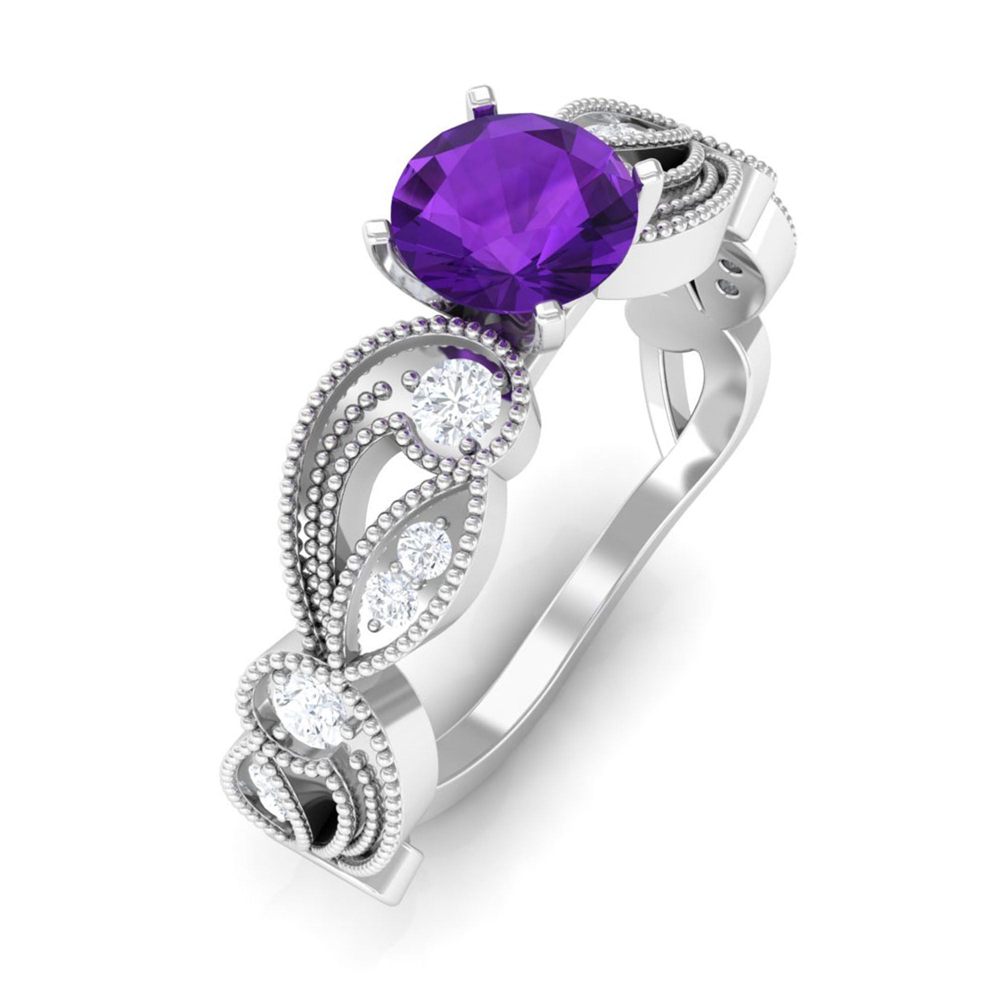 Vintage Inspired Amethyst Engagement Ring with Diamond AAA - Rosec Jewels