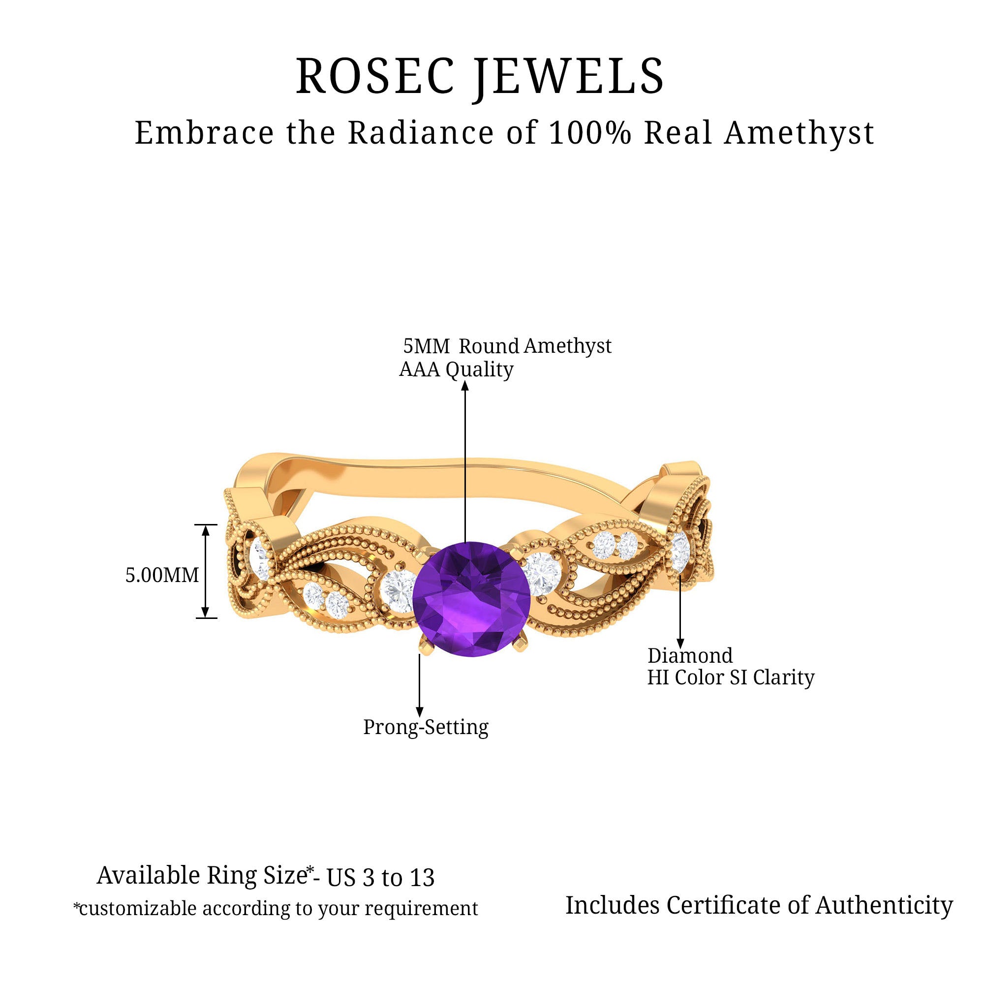 Vintage Inspired Amethyst Engagement Ring with Diamond AAA - Rosec Jewels