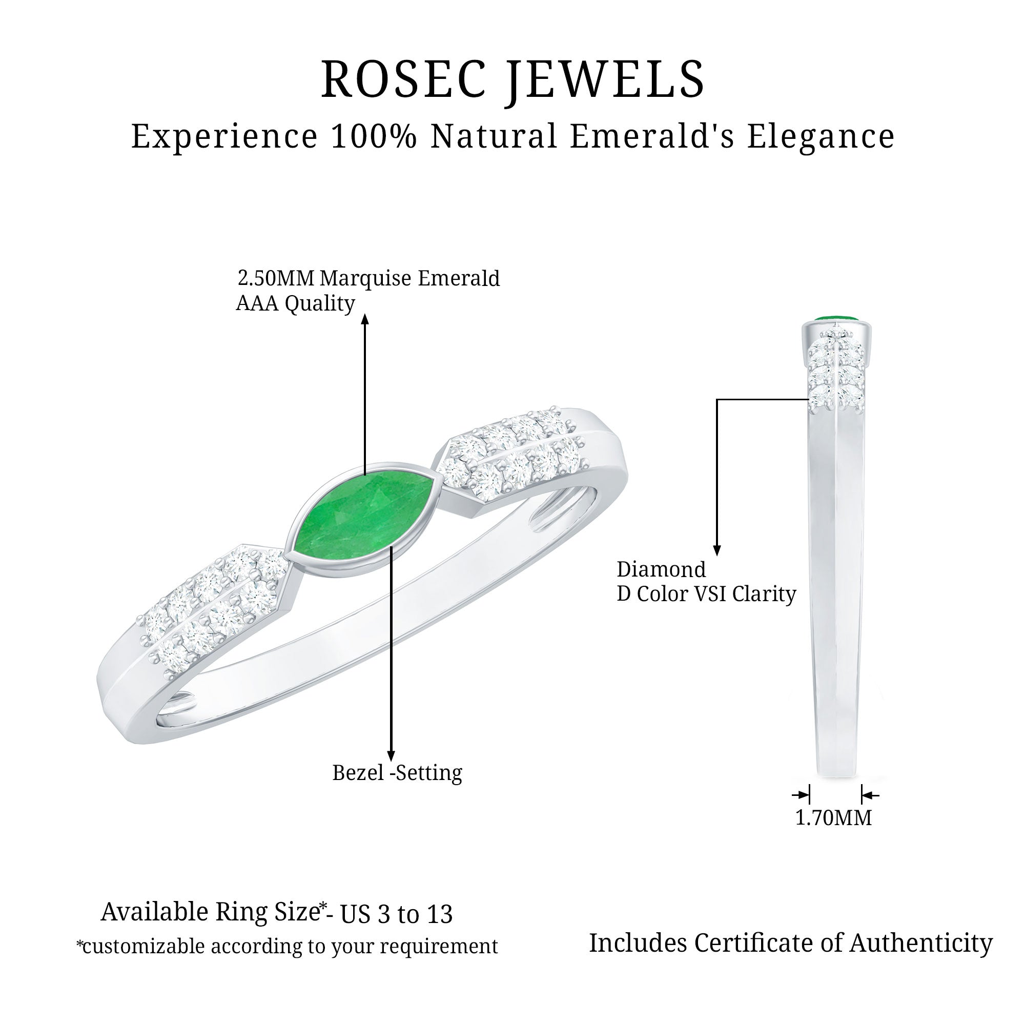 East West Set Marquise Emerald and Diamond Promise Ring AAA - Rosec Jewels