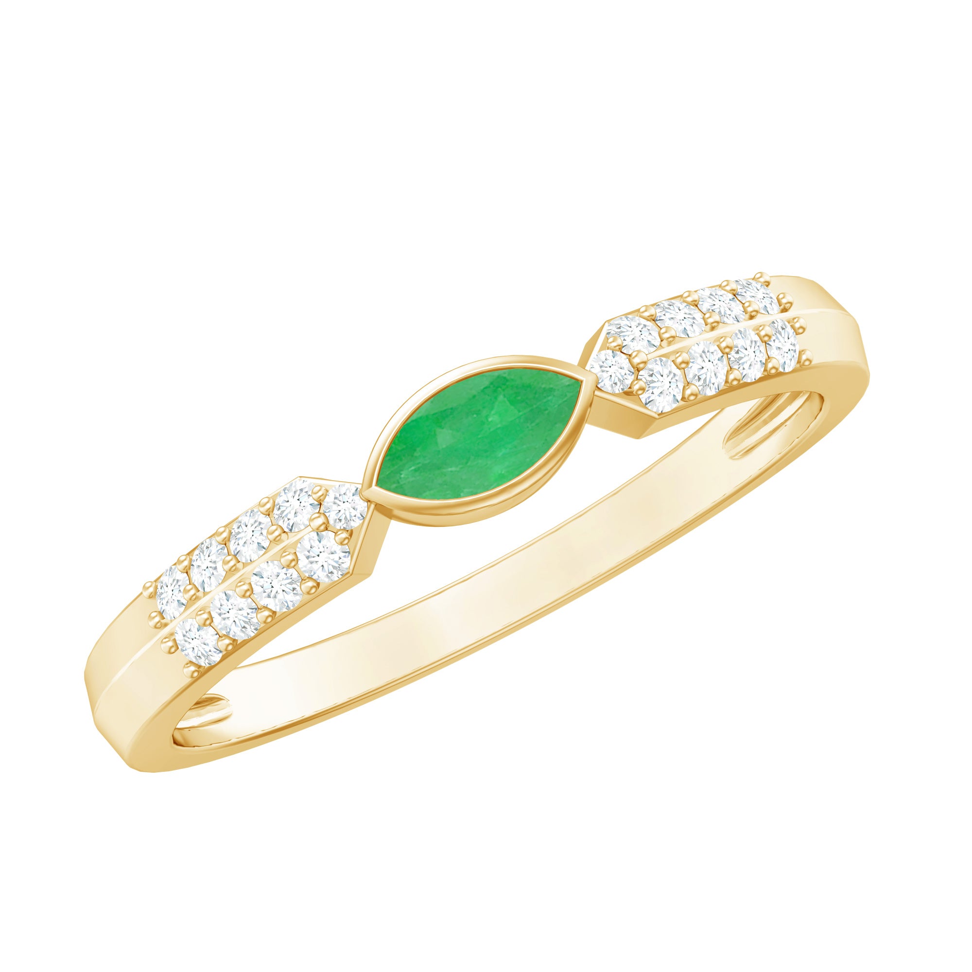 East West Set Marquise Emerald and Diamond Promise Ring AAA - Rosec Jewels