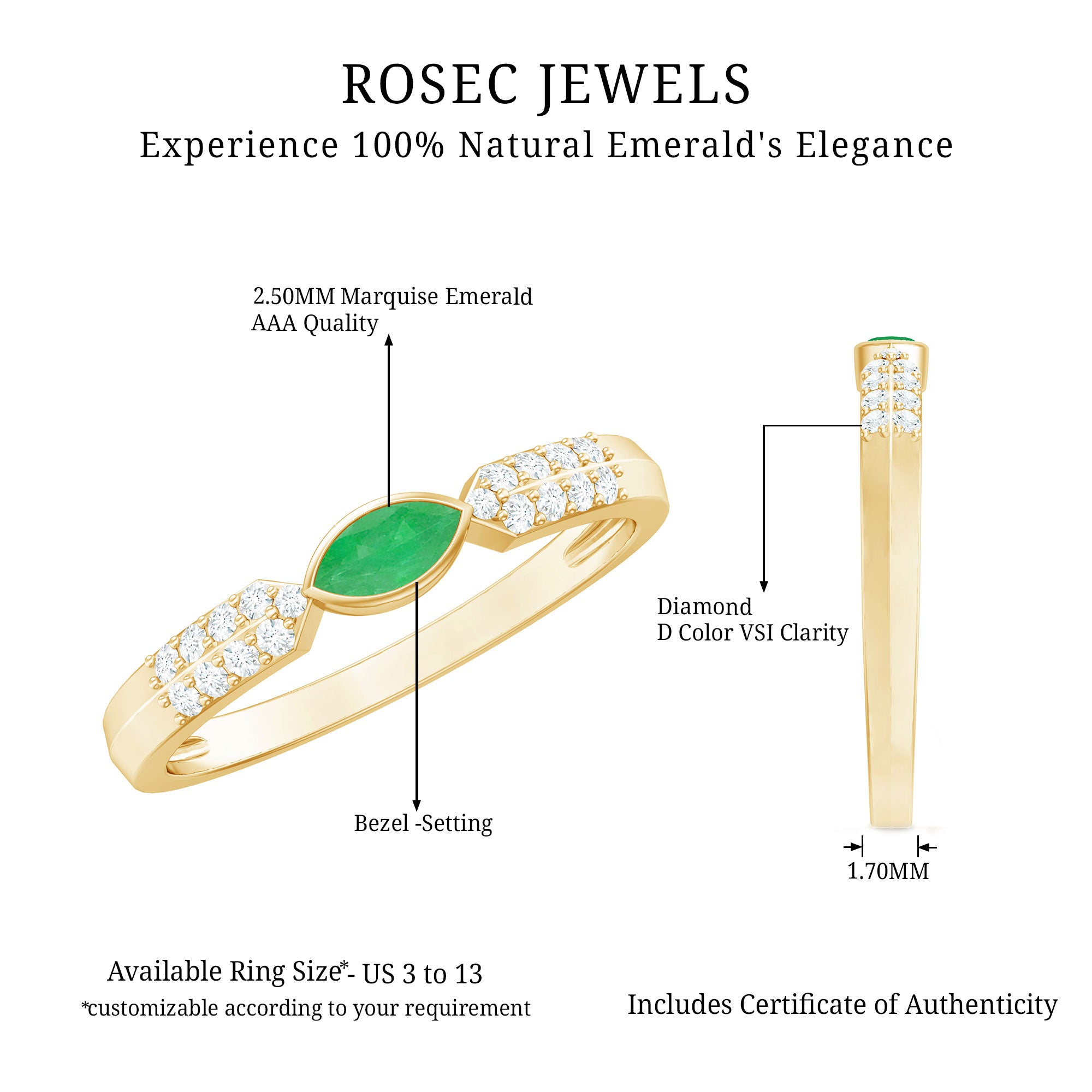 East West Set Marquise Emerald and Diamond Promise Ring AAA - Rosec Jewels