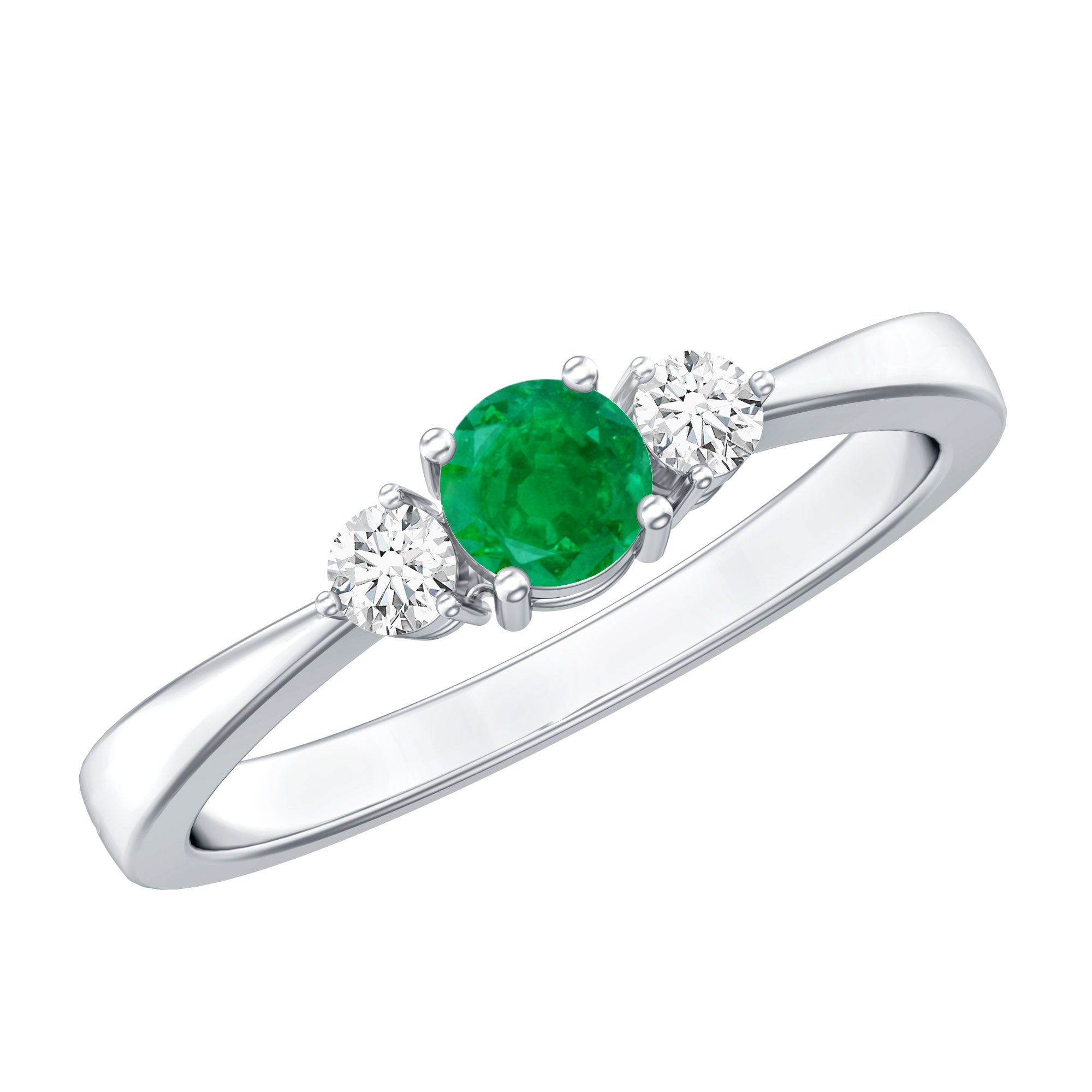 Round Shaped Real Emerald and Diamond Three Stone Promise Ring AAA - Rosec Jewels