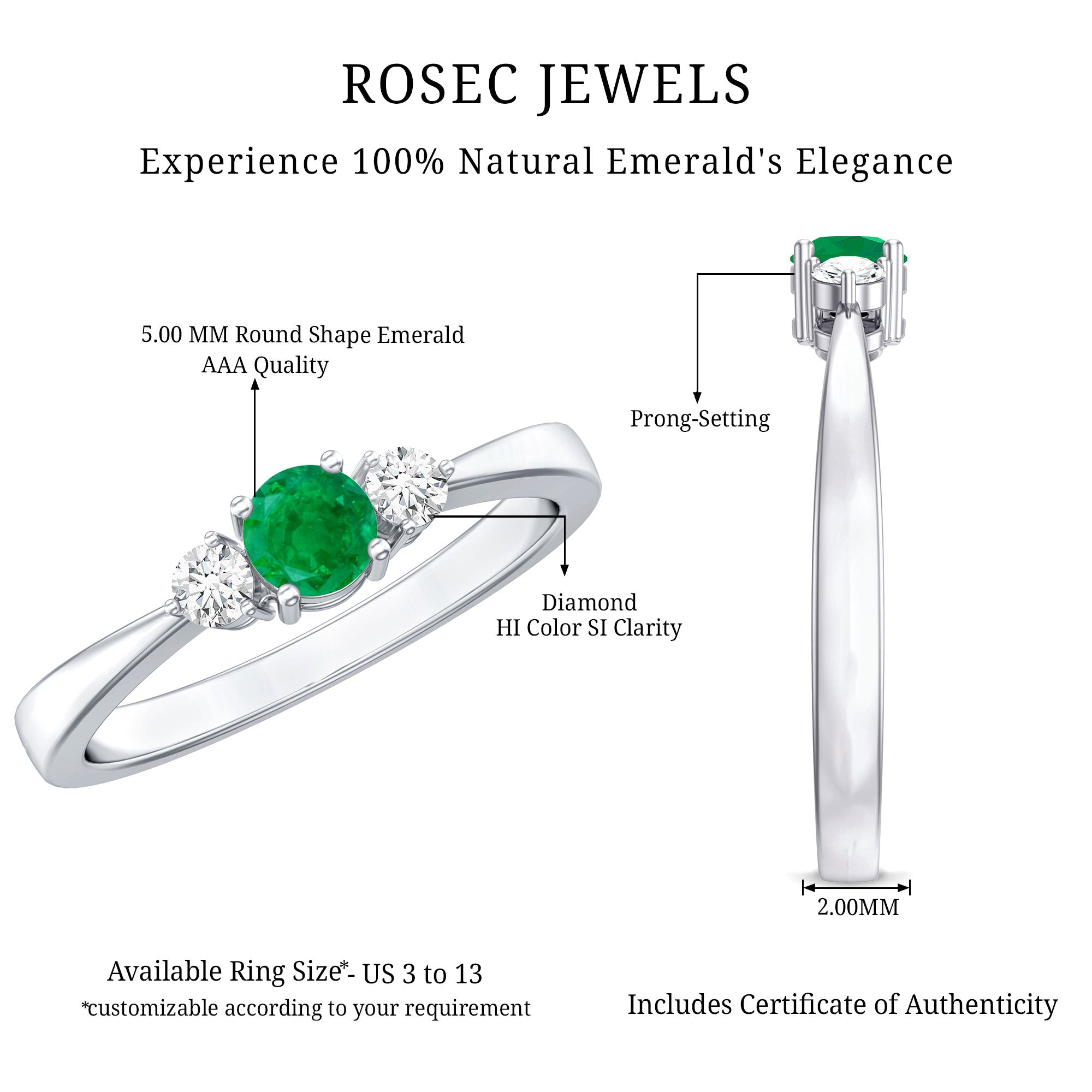 Round Shaped Real Emerald and Diamond Three Stone Promise Ring AAA - Rosec Jewels