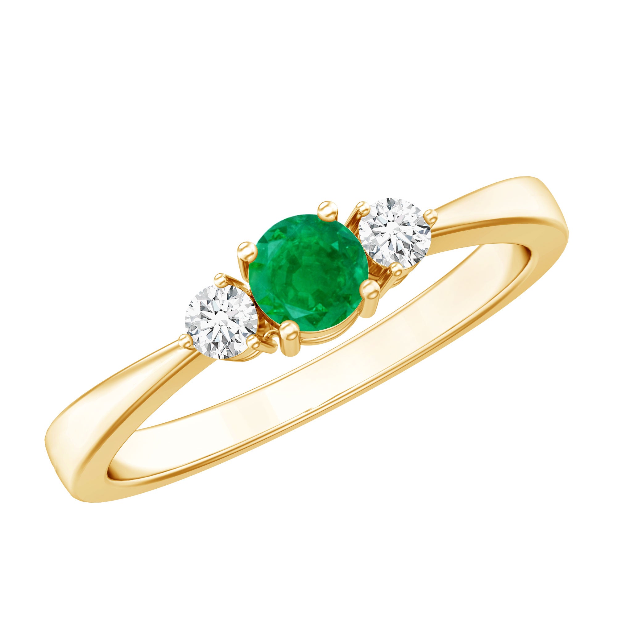 Round Shaped Real Emerald and Diamond Three Stone Promise Ring AAA - Rosec Jewels