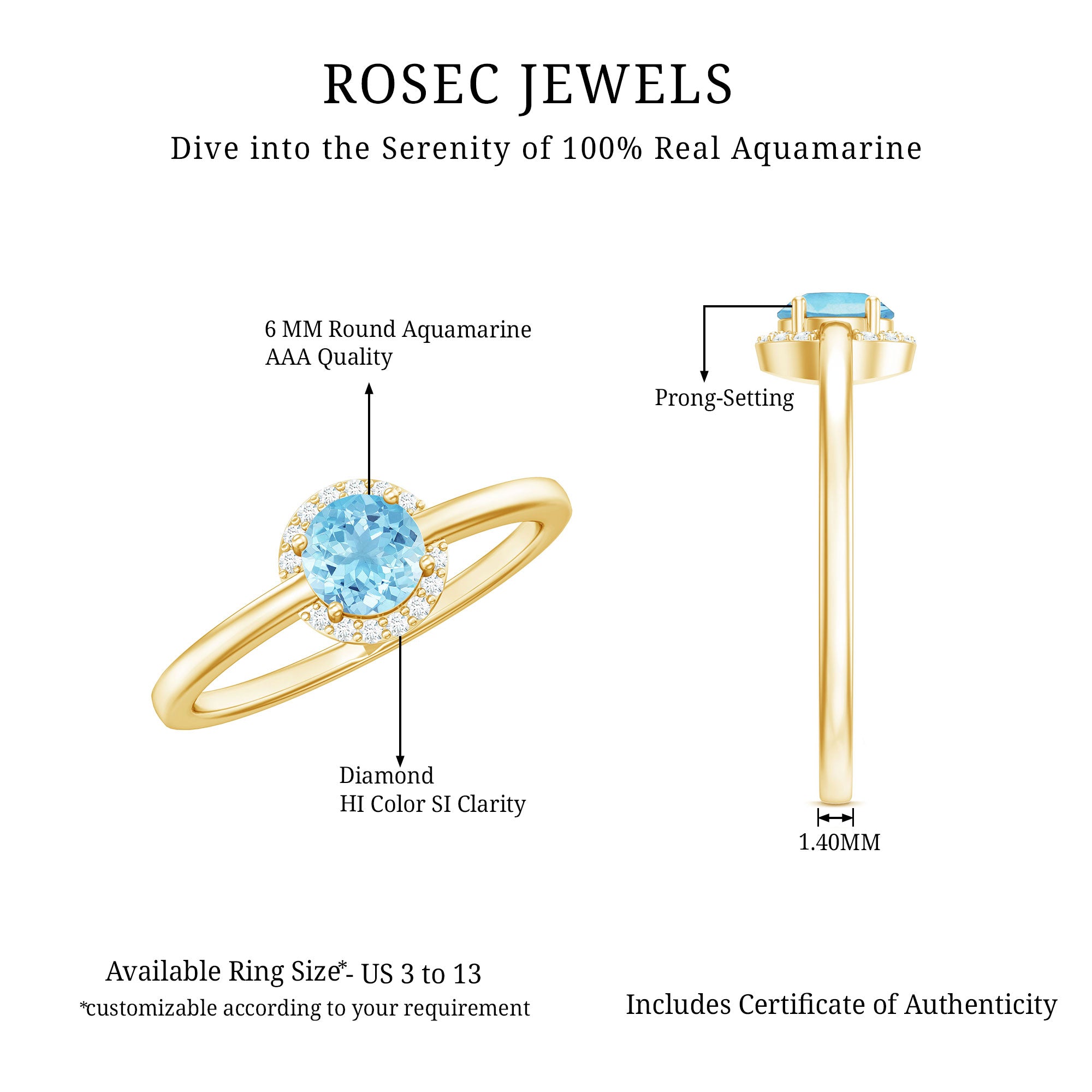 Rosec Jewels-Certified Real Aquamarine Promise Ring with Diamond Halo