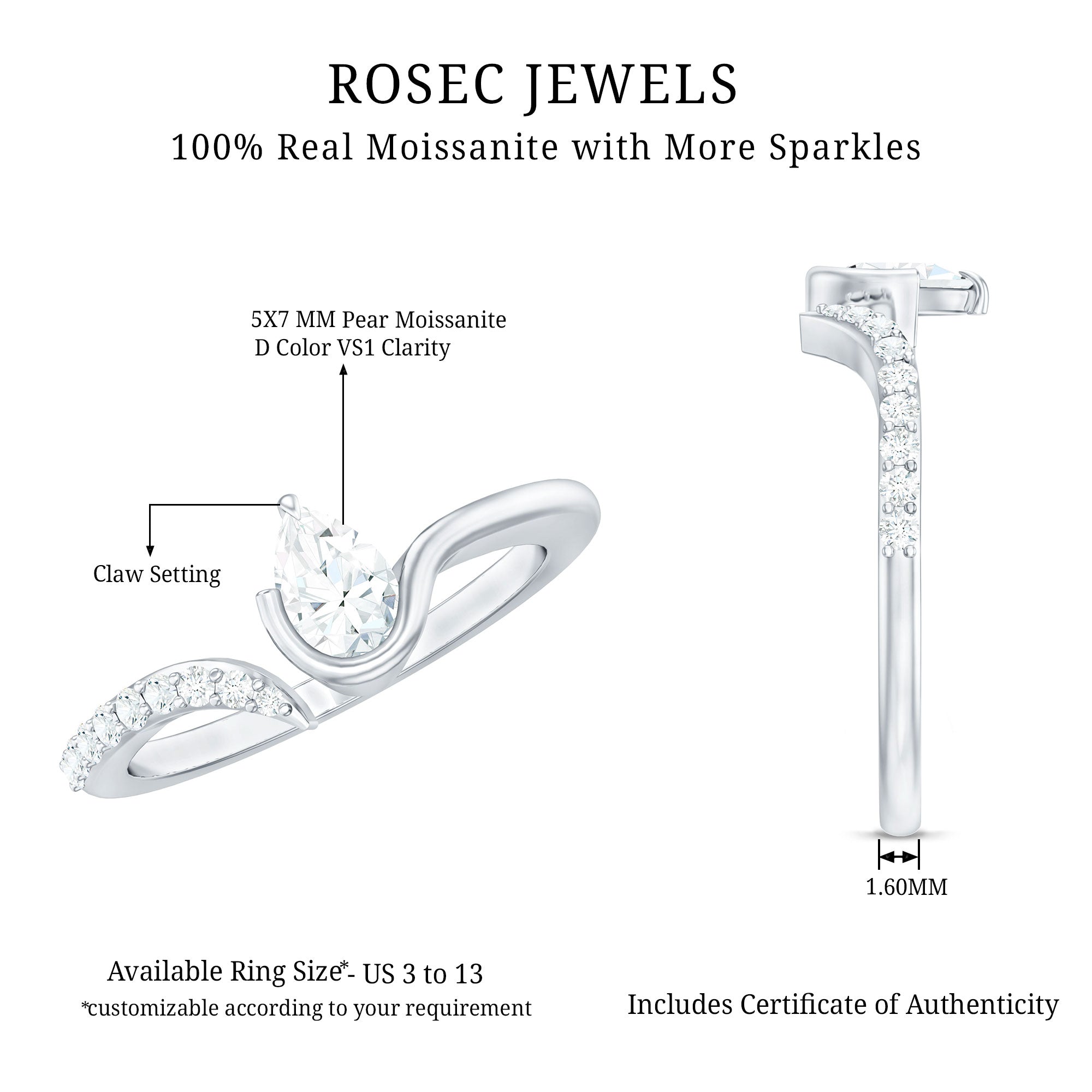 Pear Shaped Moissanite Cuff Ring for Women D-VS1 - Rosec Jewels