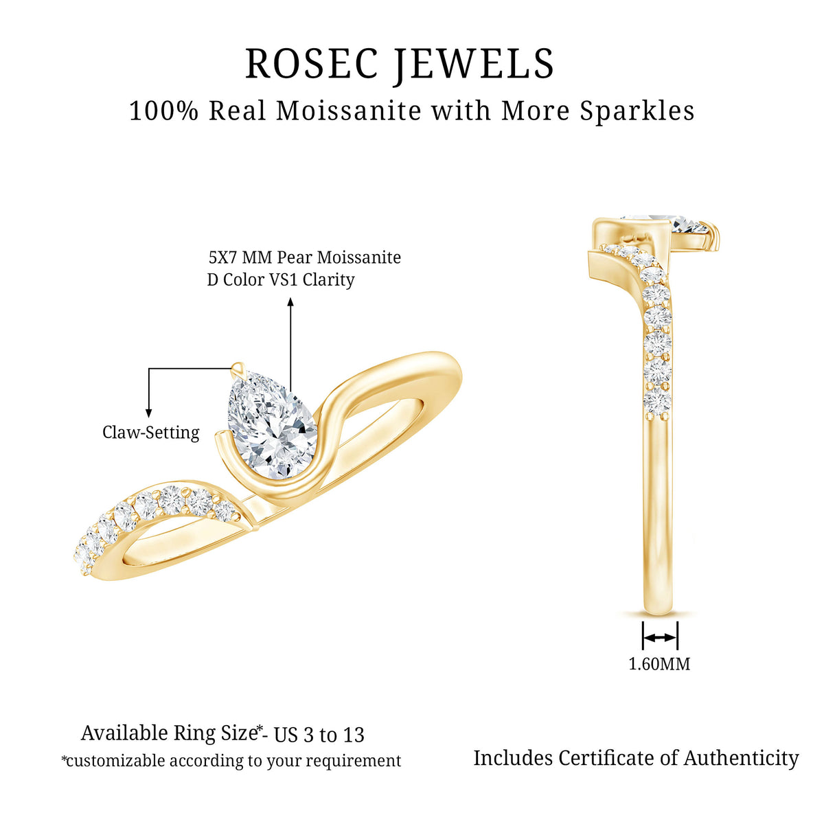 Pear Shaped Moissanite Cuff Ring for Women D-VS1 - Rosec Jewels