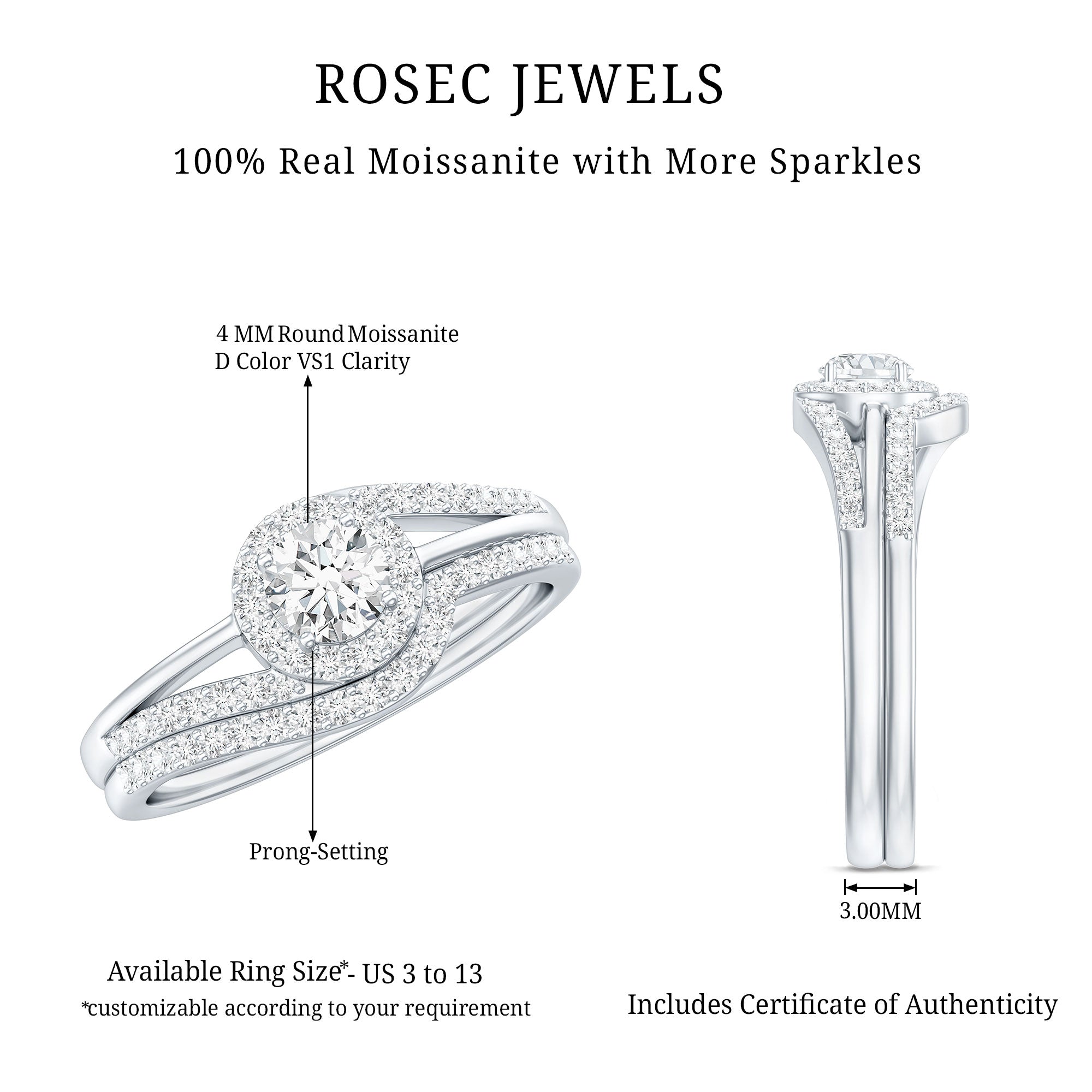 Round Moissanite Bypass Wedding Ring Set D-VS1 - Rosec Jewels