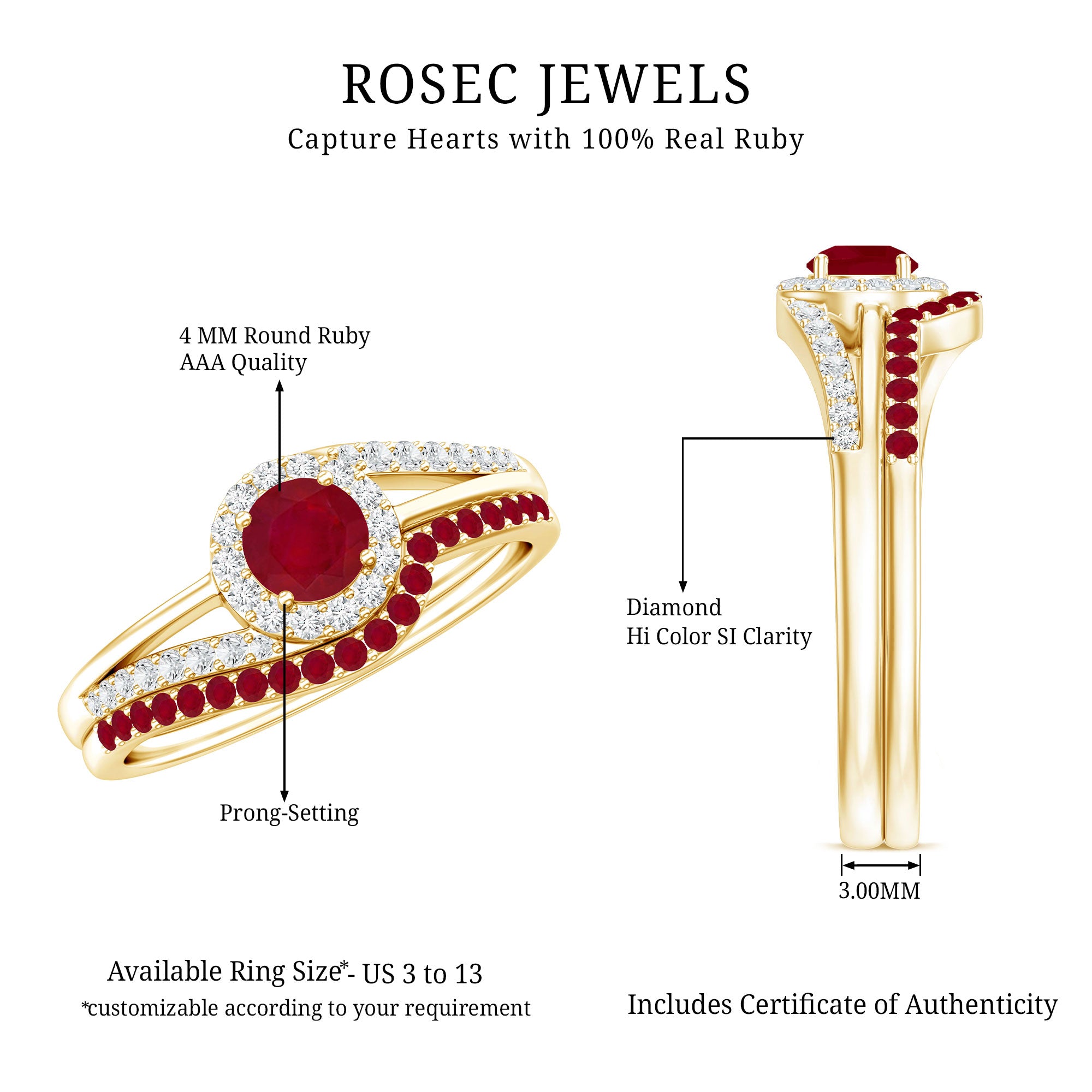 Natural Ruby Diamond Wedding Engagement Ring Set for Women AAA - Rosec Jewels