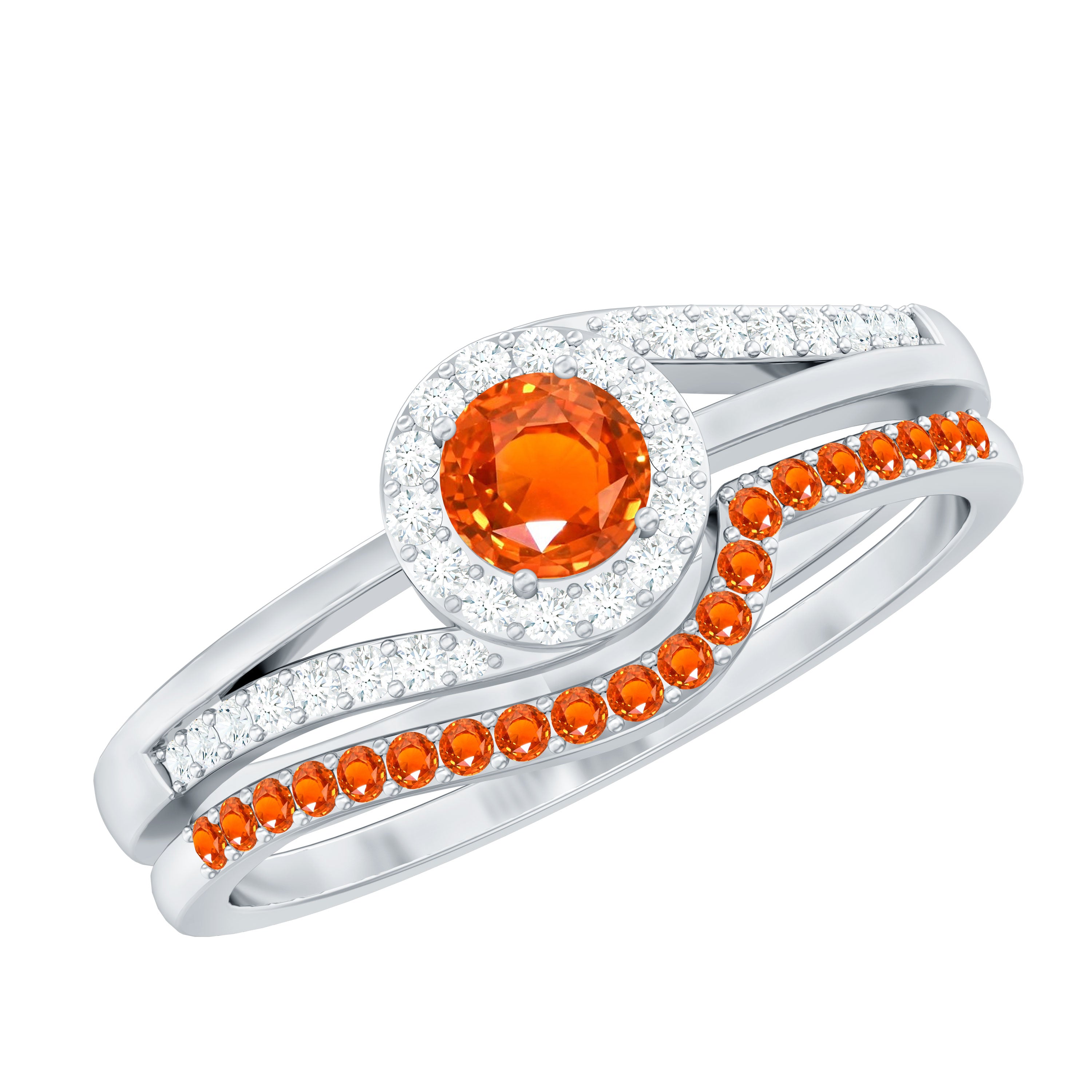 Certified Lab Grown Orange Sapphire Engagement Ring with Diamond Wedding Band