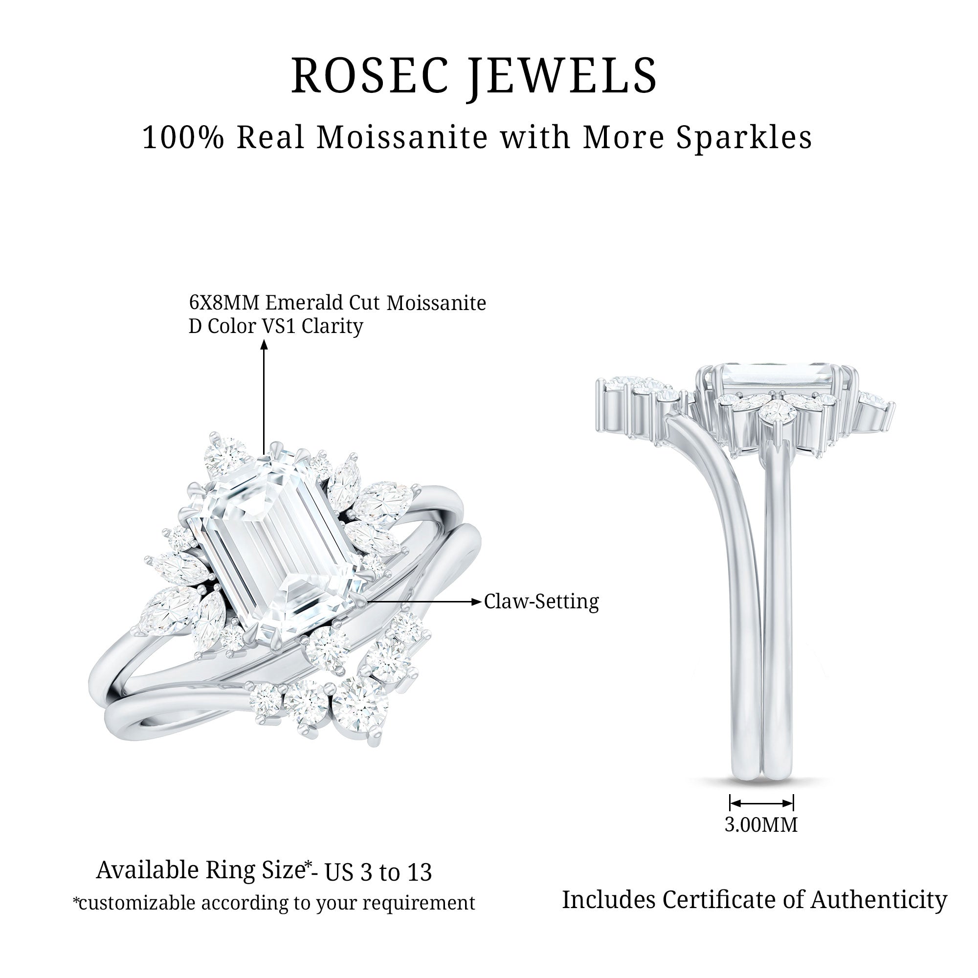 Designer Emerald Cut Moissanite Wedding Ring Set for Women D-VS1 - Rosec Jewels