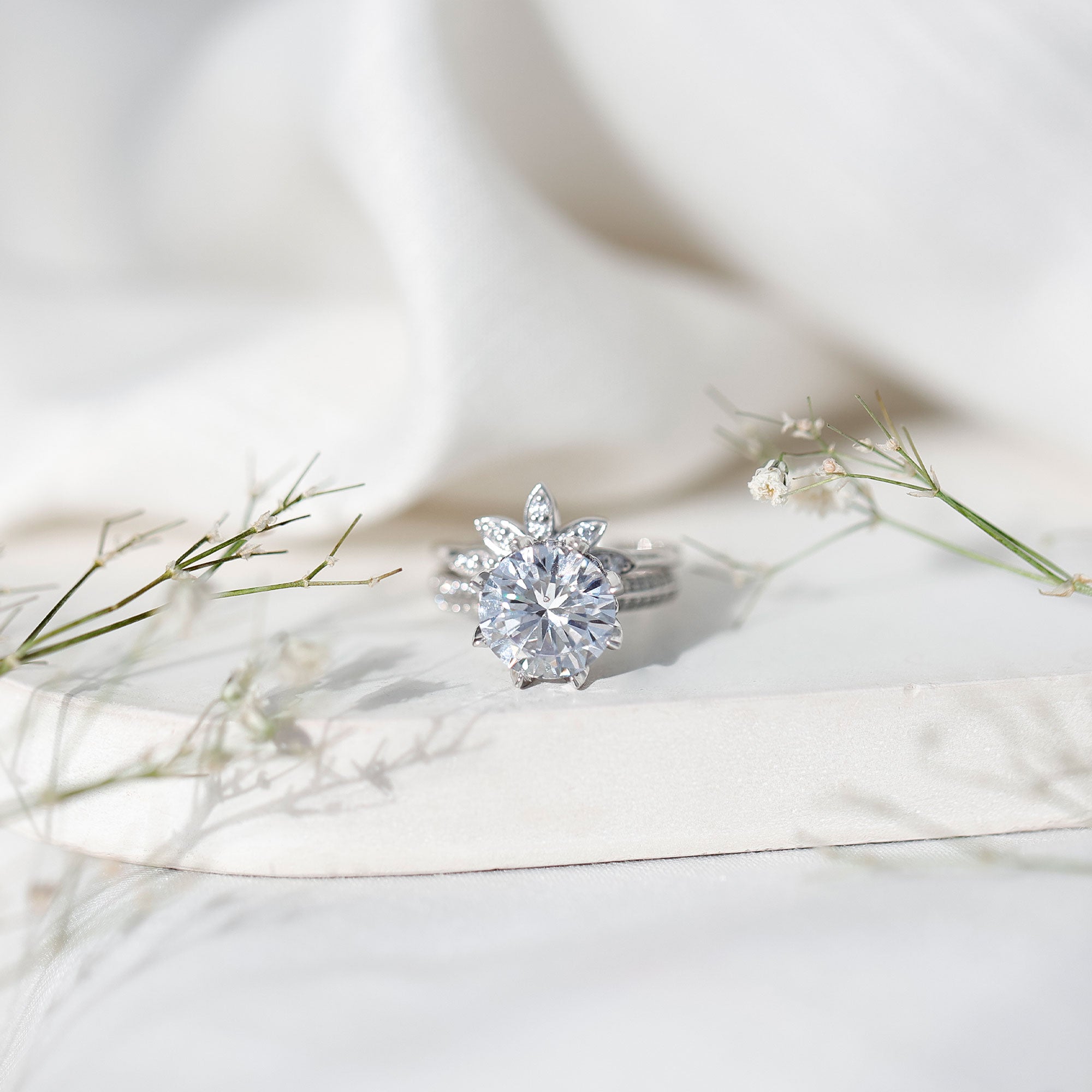10MM Round Moissanite Flower Engagement Ring With Enhancer D-VS1 - Rosec Jewels