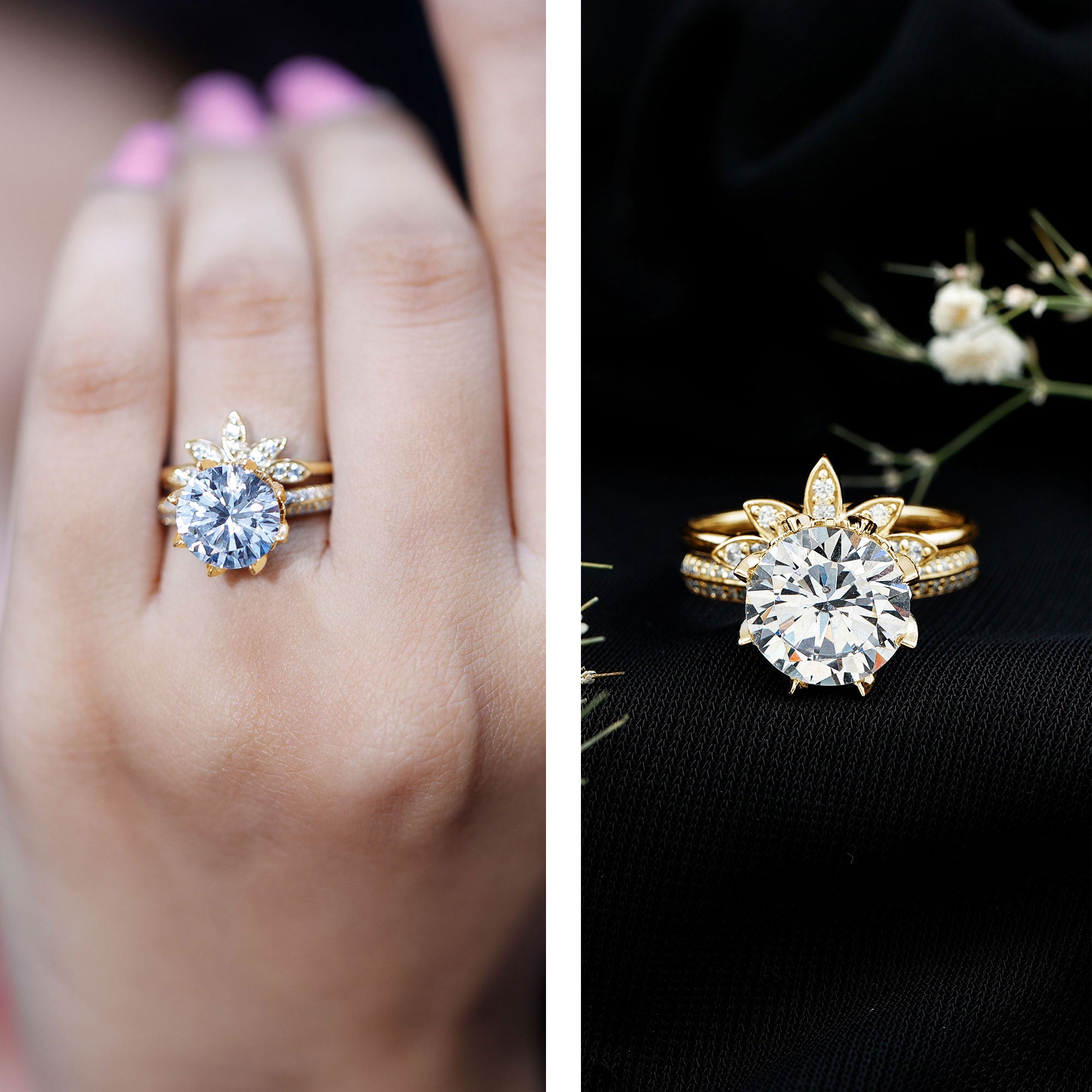 10MM Round Moissanite Flower Engagement Ring With Enhancer D-VS1 - Rosec Jewels