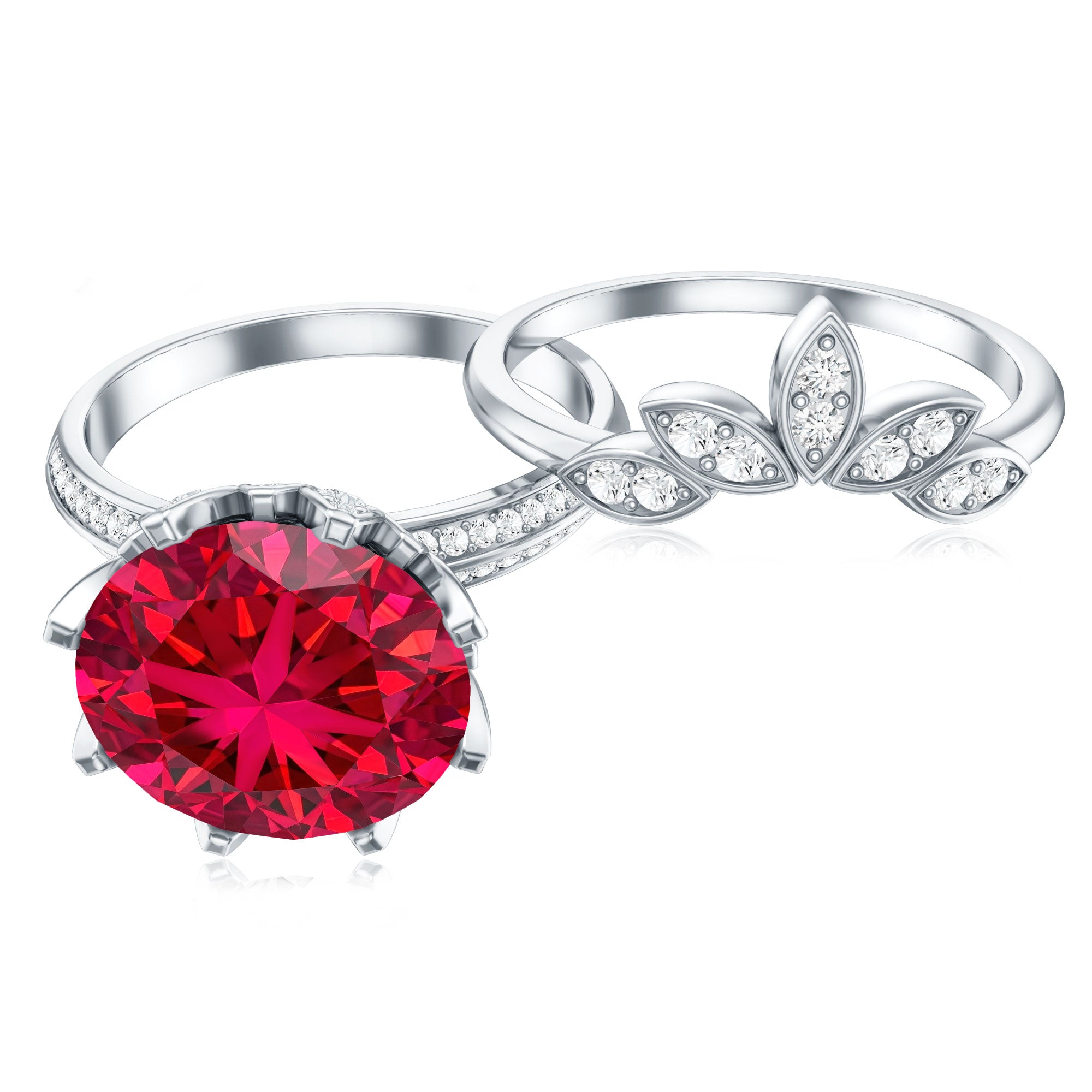 Lab Grown Ruby Flower Bridal Engagement Ring Set with Moissanite AAAA - Rosec Jewels