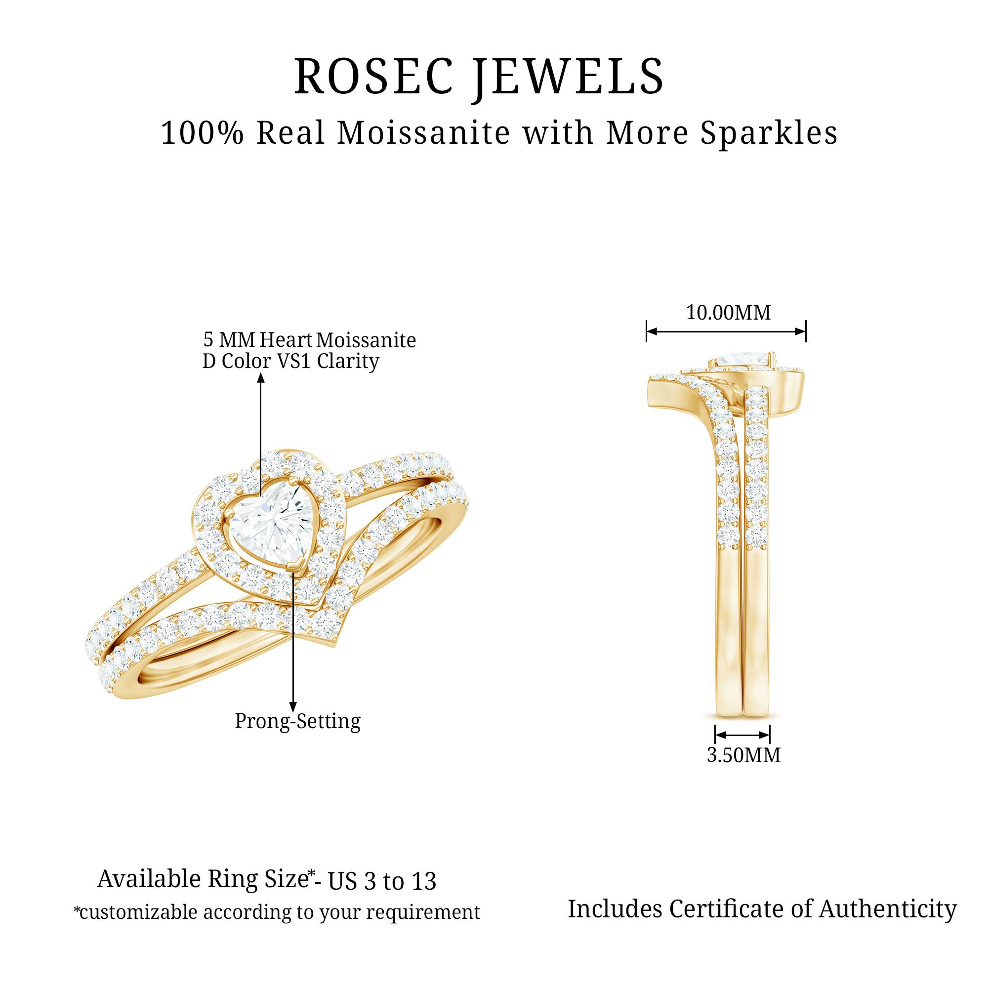 Heart Shape Moissanite Wedding Ring Set For Women D-VS1 - Rosec Jewels