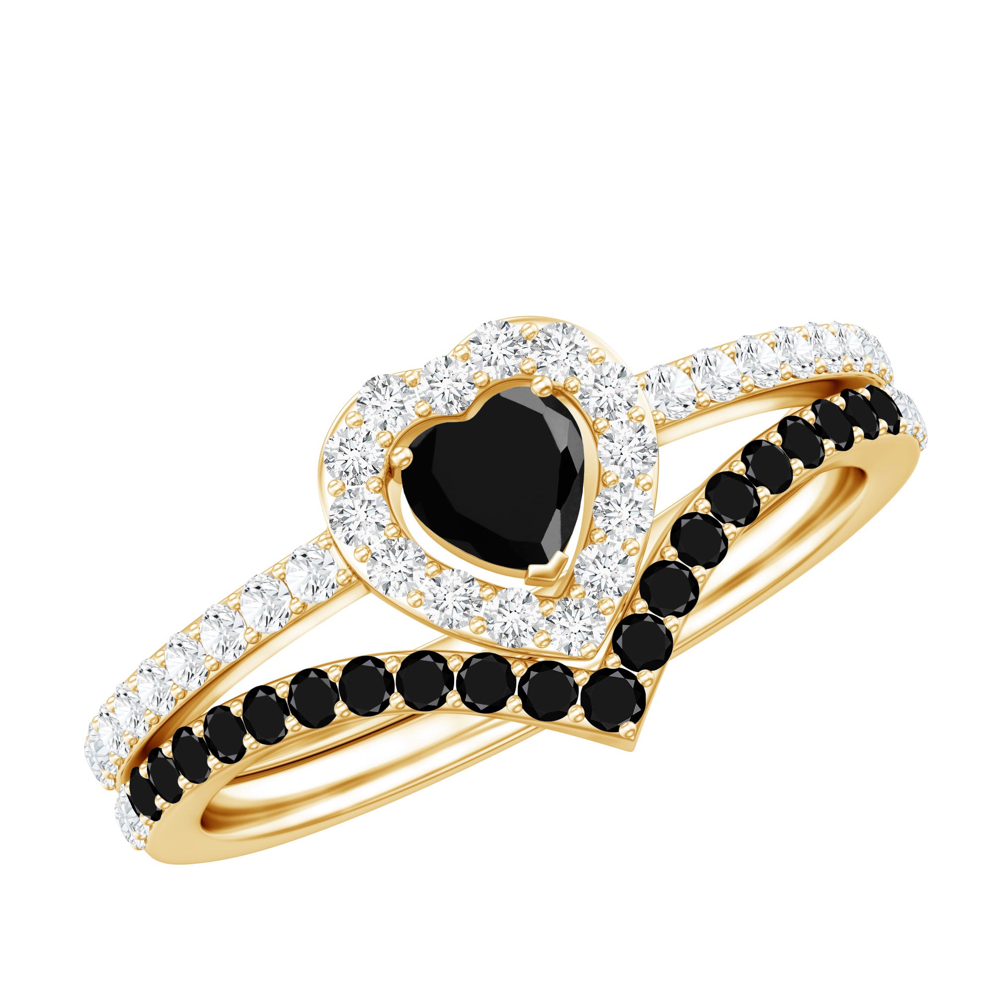 Black Onyx and Diamond Heart Engagement Ring With Ring Guard AAA - Rosec Jewels