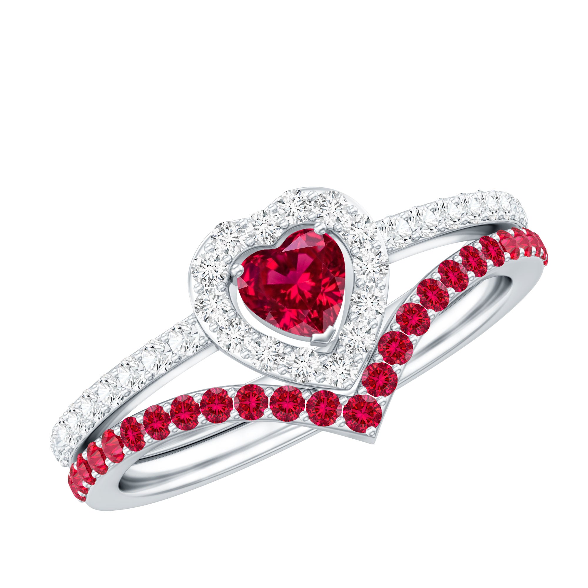 Rosec Jewels-Lab Created Ruby and Diamond Heart Wedding Ring Set