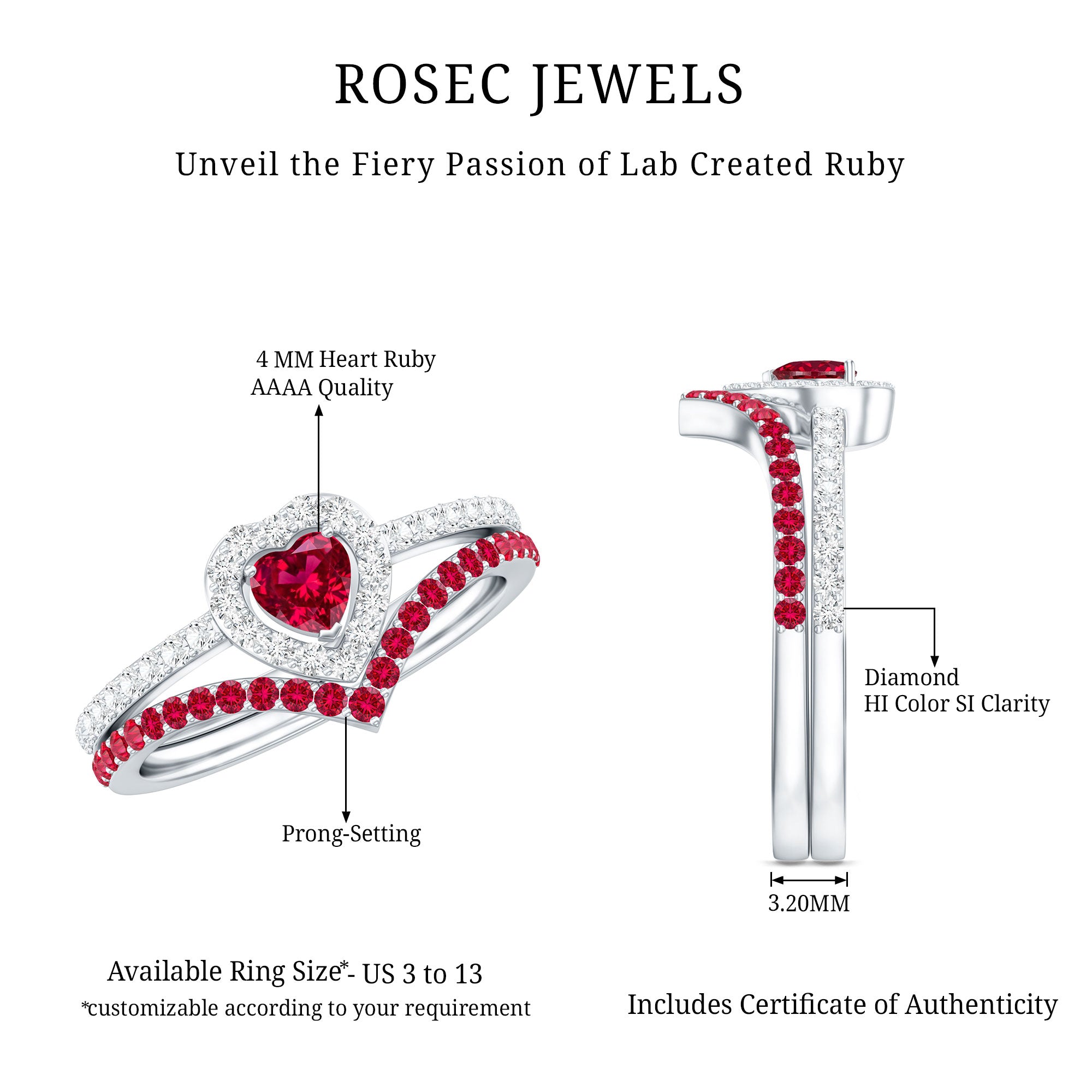 Rosec Jewels-Lab Created Ruby and Diamond Heart Wedding Ring Set
