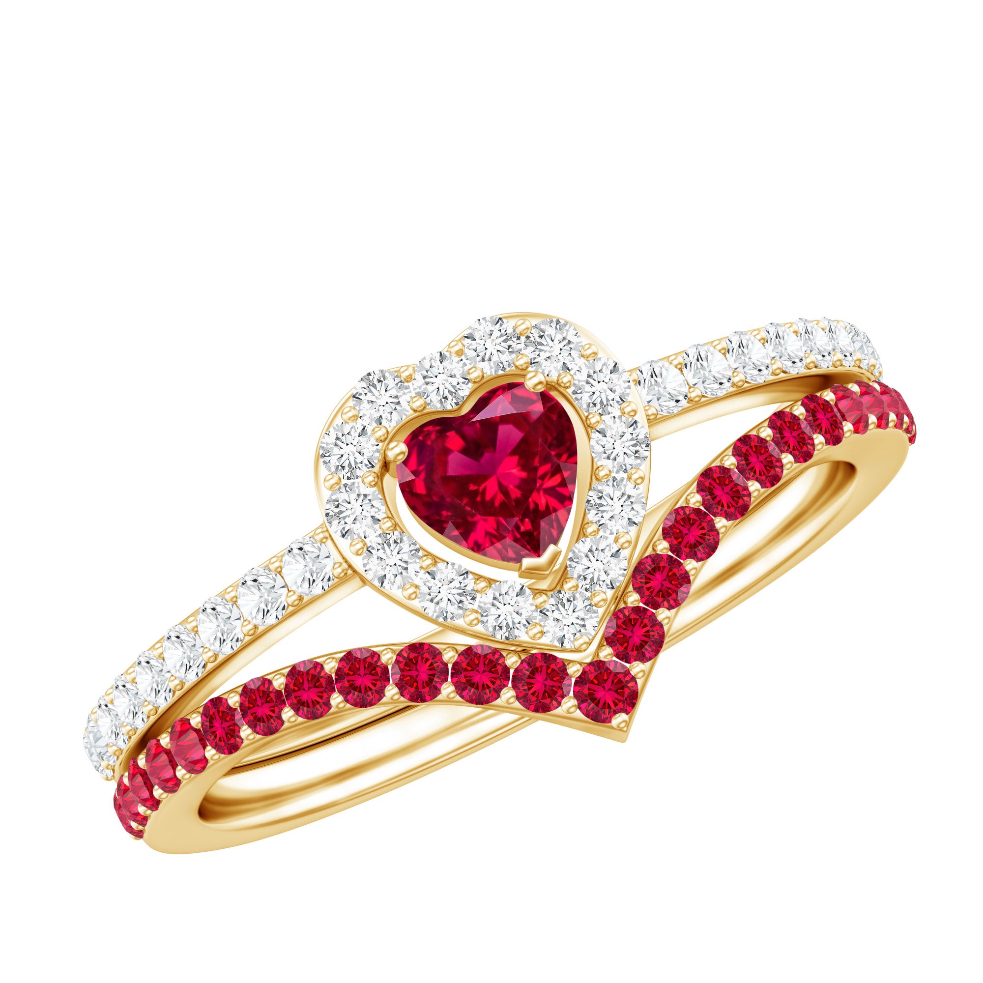 Rosec Jewels-Lab Created Ruby and Diamond Heart Wedding Ring Set
