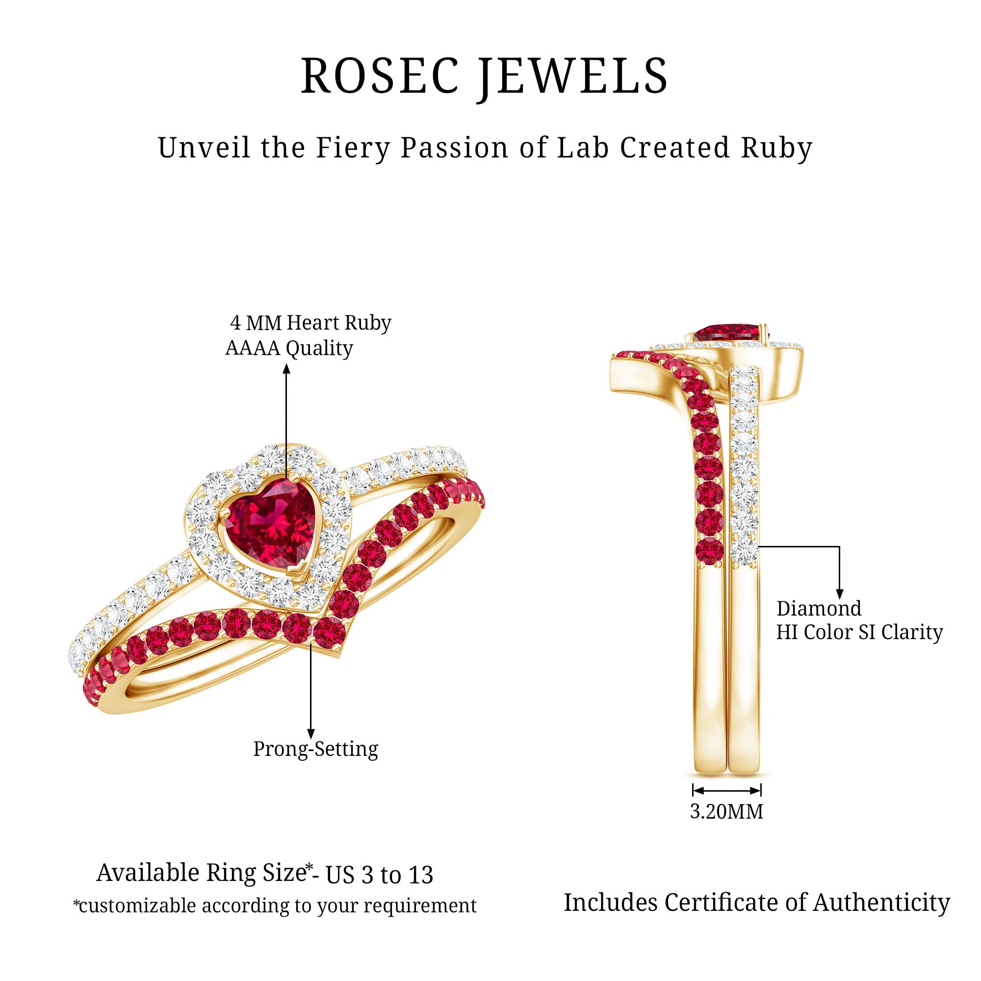 Rosec Jewels-Lab Created Ruby and Diamond Heart Wedding Ring Set