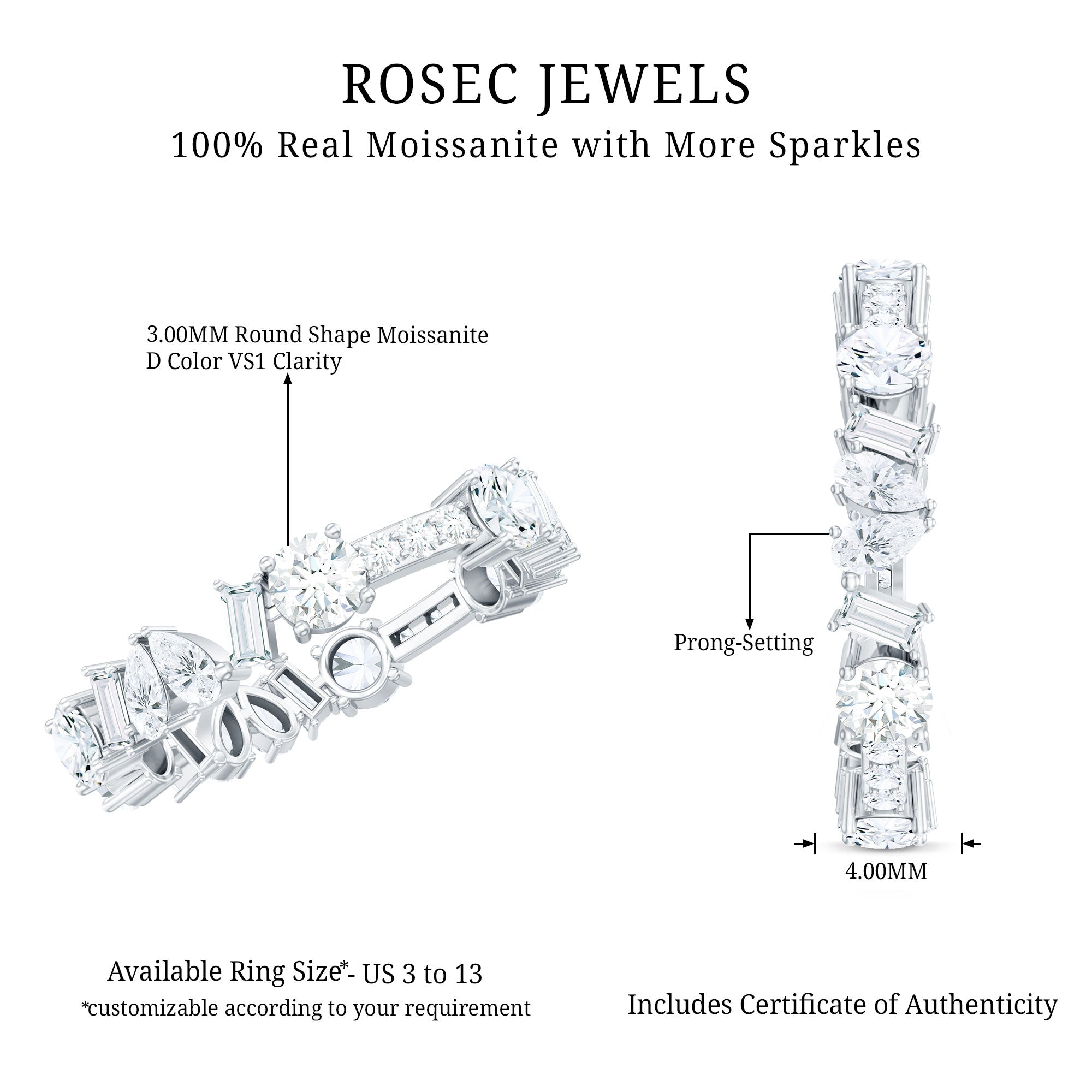 Certified Moissanite Designer Wedding Band Ring For Women D-VS1 - Rosec Jewels