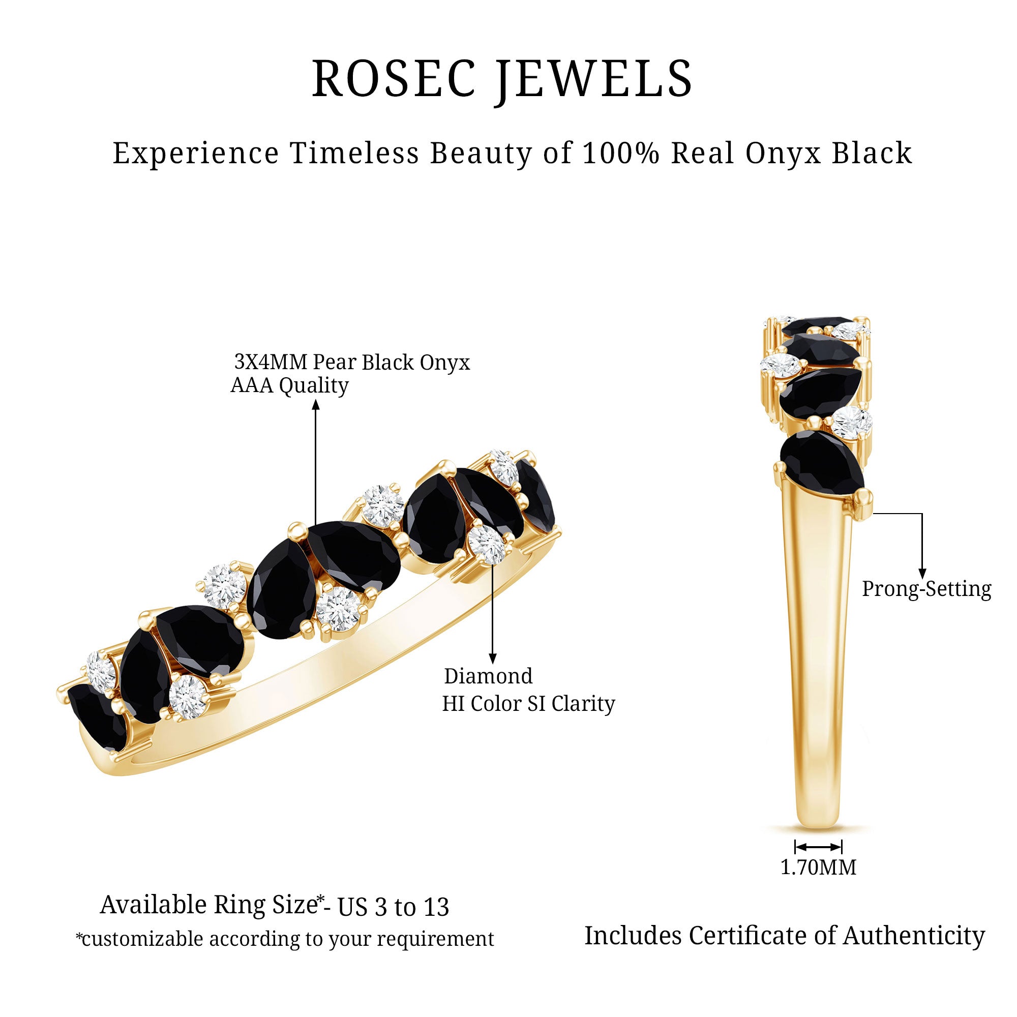 Natural Black Onyx and Diamond Half Eternity Band Ring AAA - Rosec Jewels