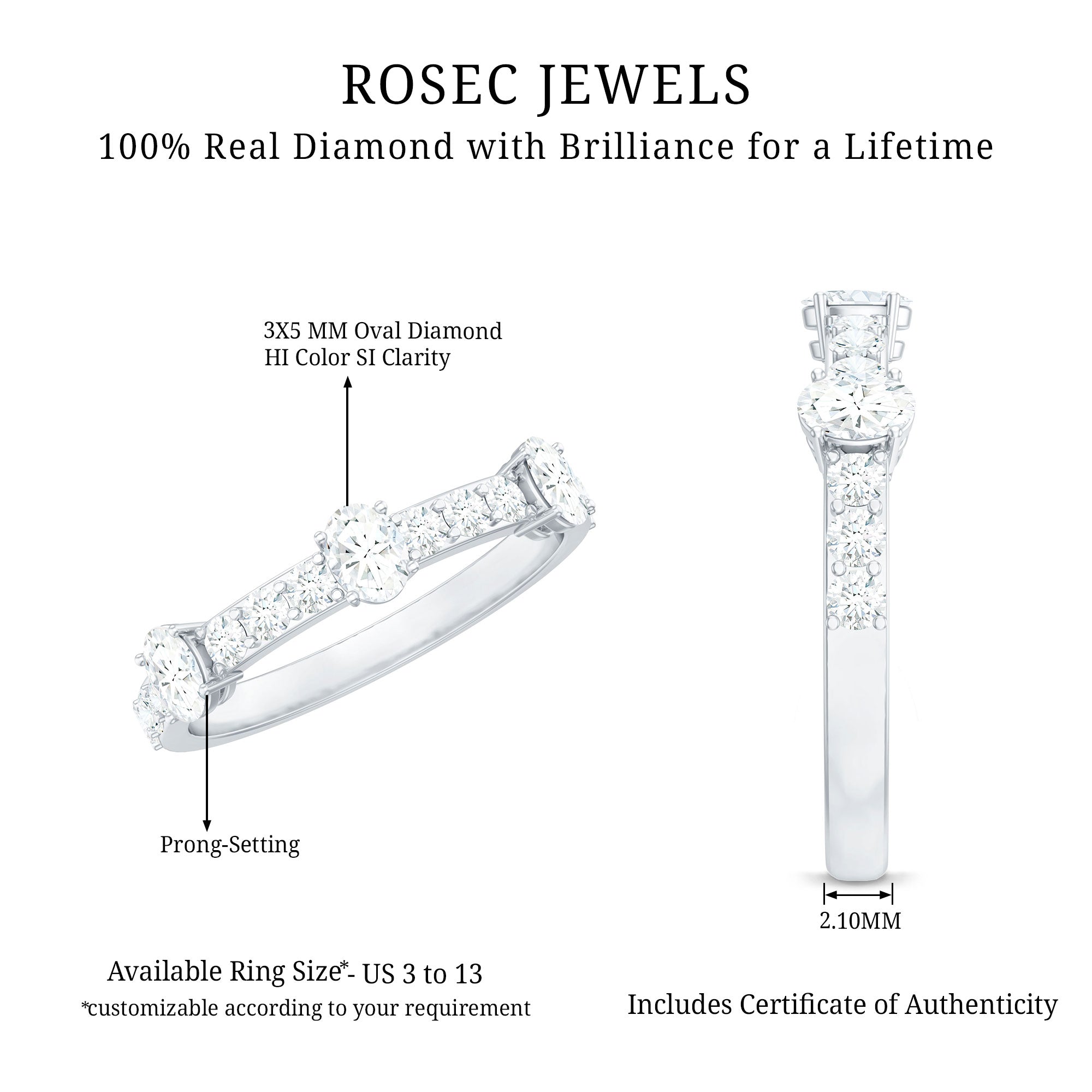 Natural Diamond Half Eternity Band Ring Natural - ( HI-SI ) - Rosec Jewels