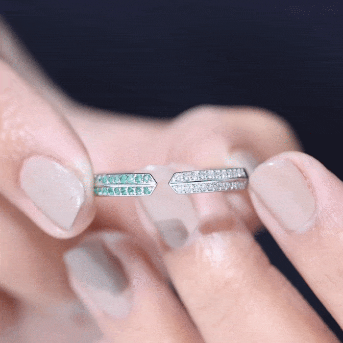 Contemporary Emerald and Diamond Open Wedding Band Ring AAA - Rosec Jewels