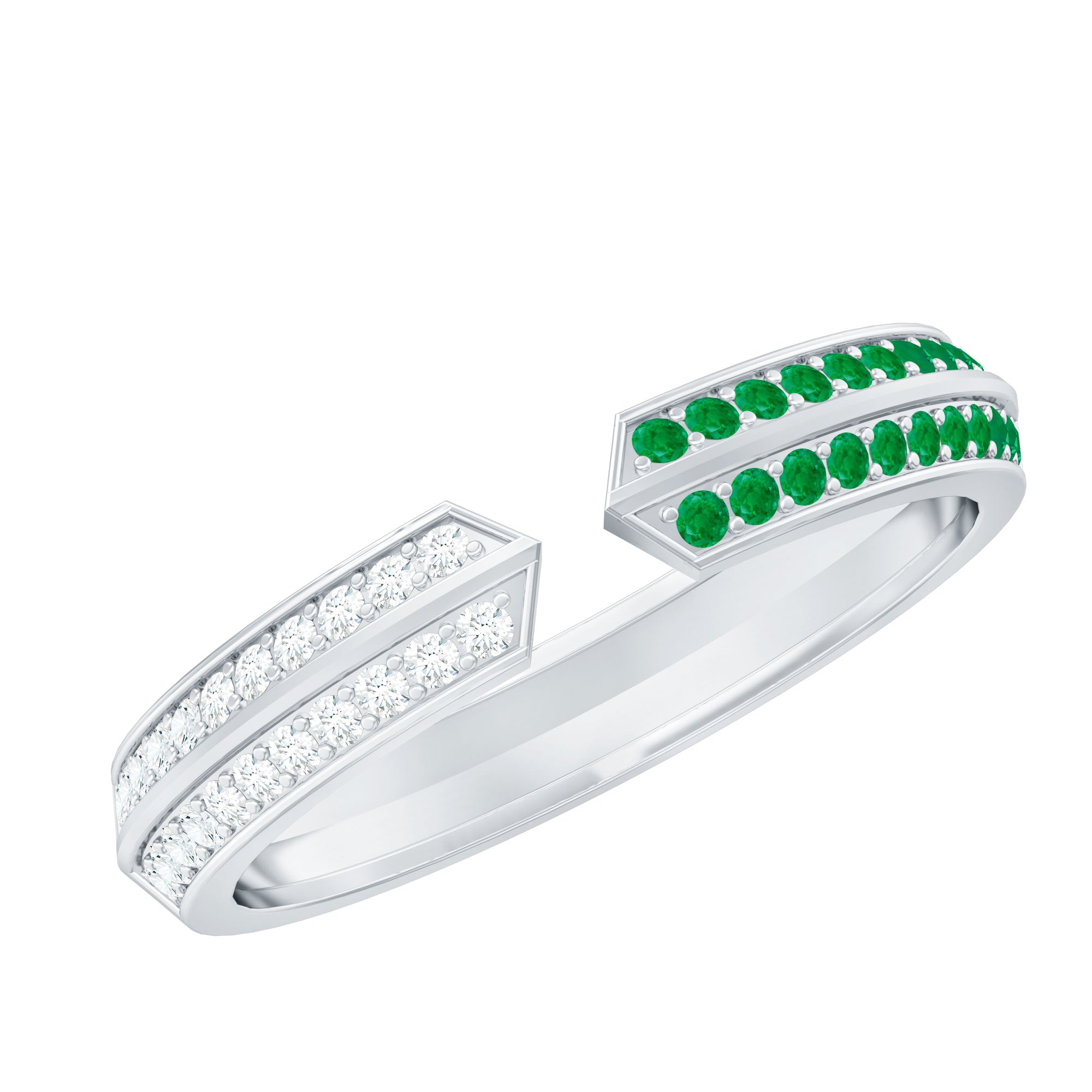 Contemporary Emerald and Diamond Open Wedding Band Ring AAA - Rosec Jewels