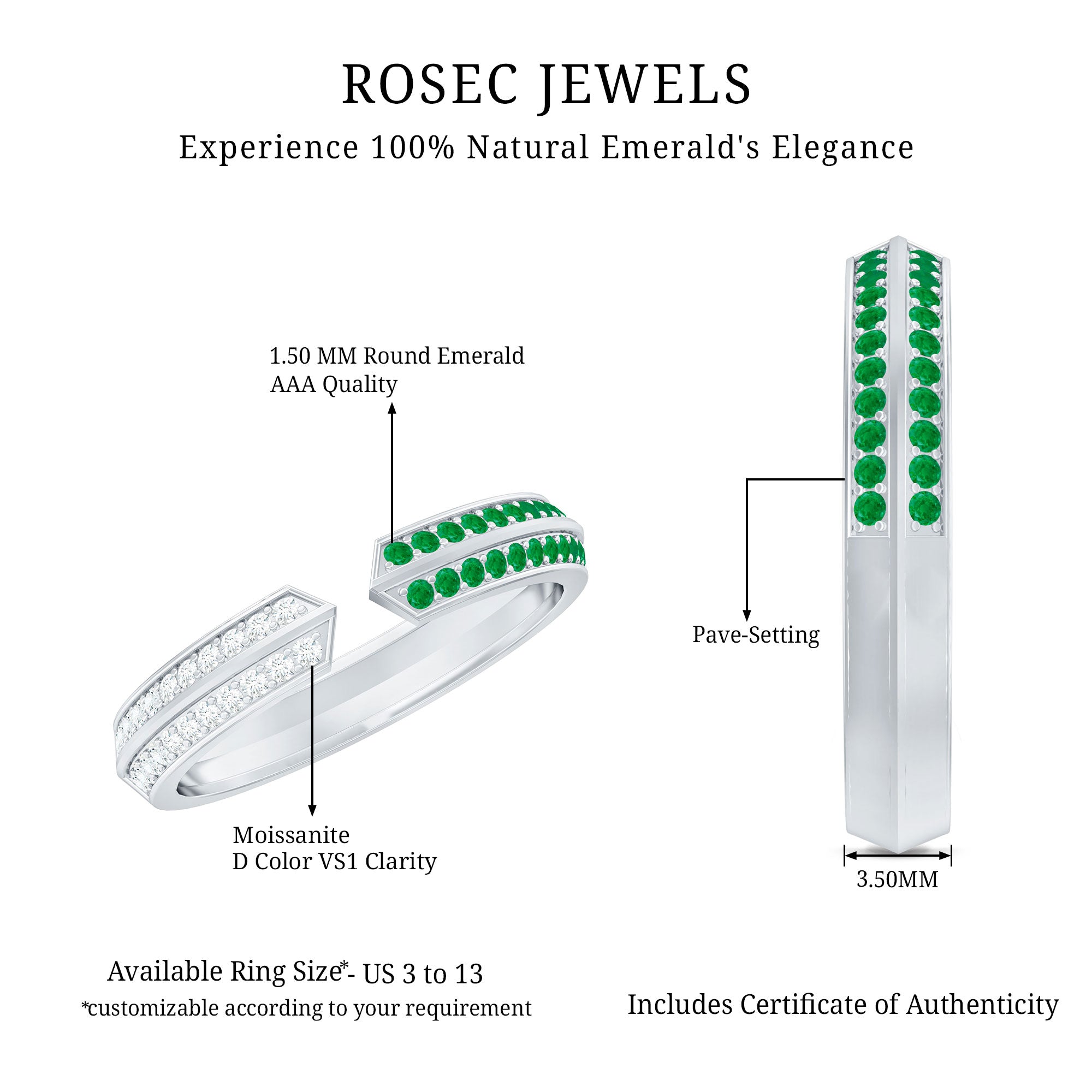 Contemporary Emerald and Diamond Open Wedding Band Ring AAA - Rosec Jewels