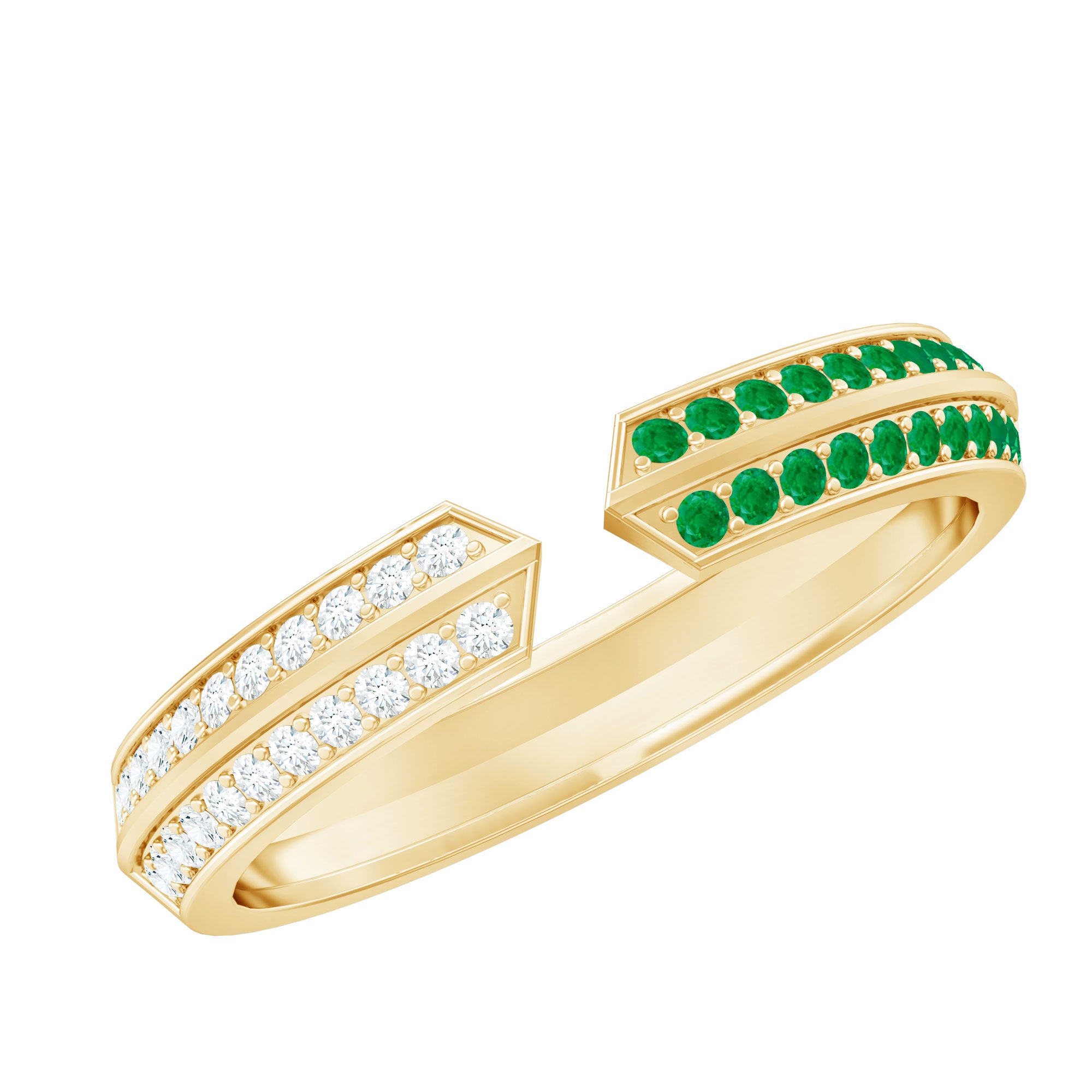 Contemporary Emerald and Diamond Open Wedding Band Ring AAA - Rosec Jewels
