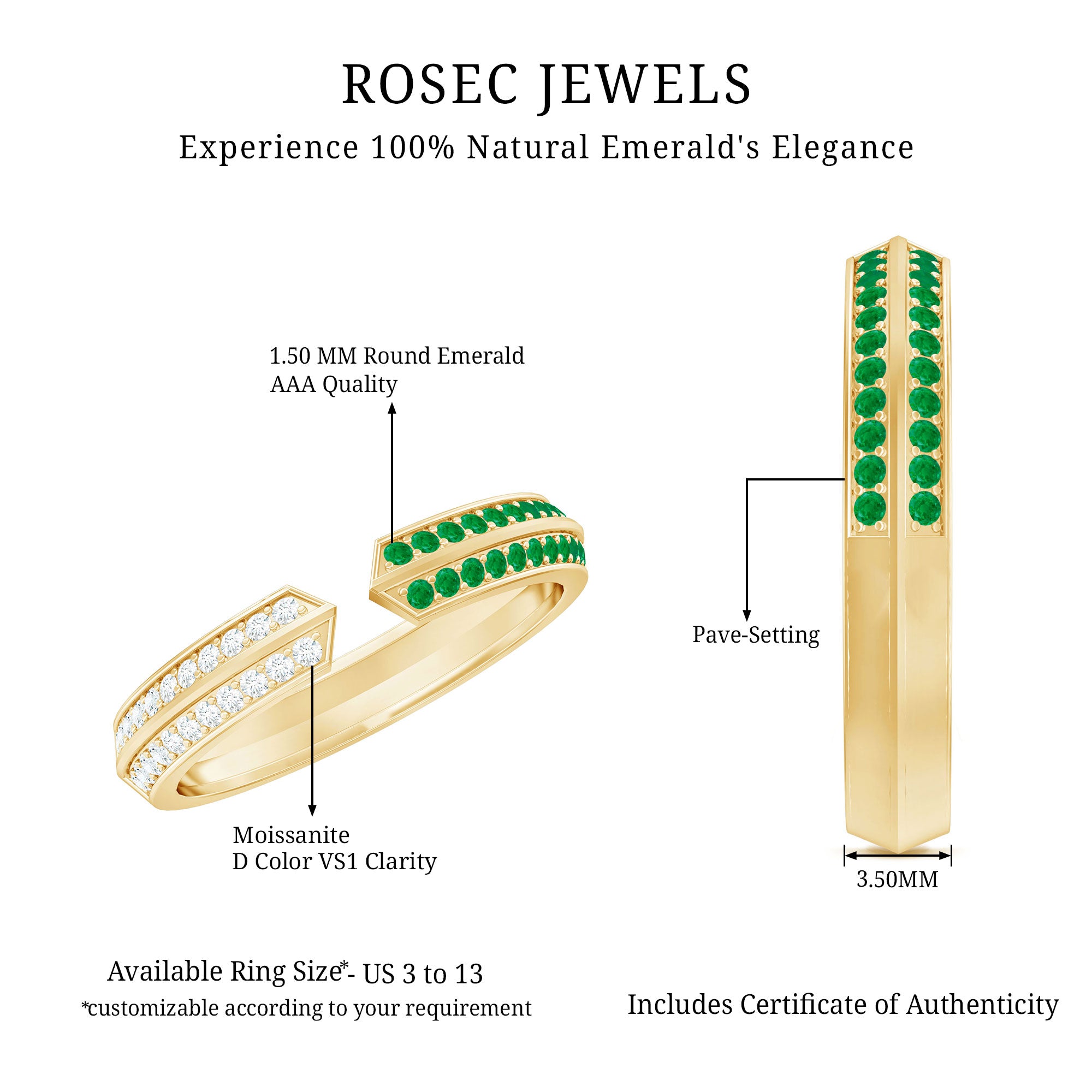 Contemporary Emerald and Diamond Open Wedding Band Ring AAA - Rosec Jewels