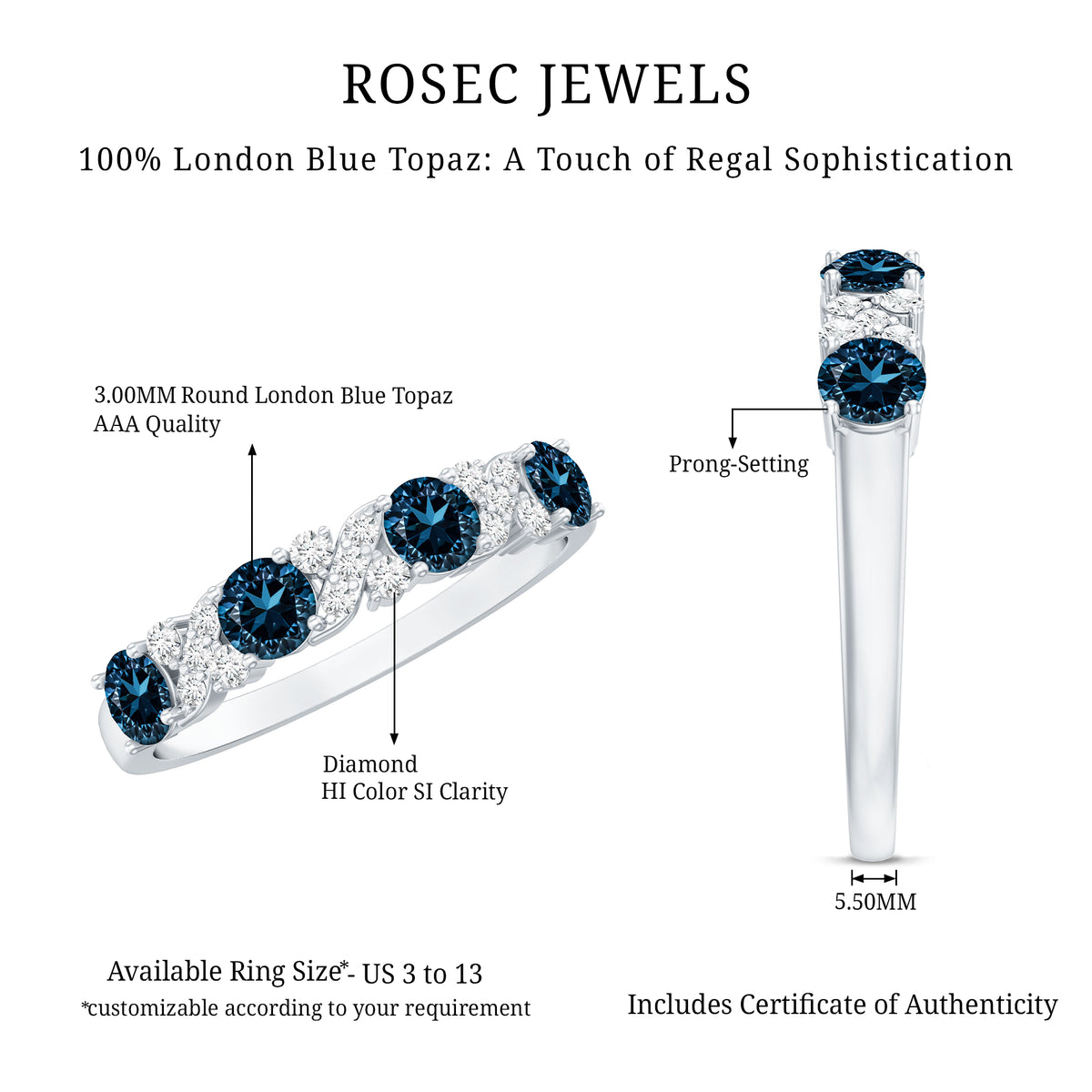 London Blue Topaz Semi Eternity Band with Diamond AAA - Rosec Jewels