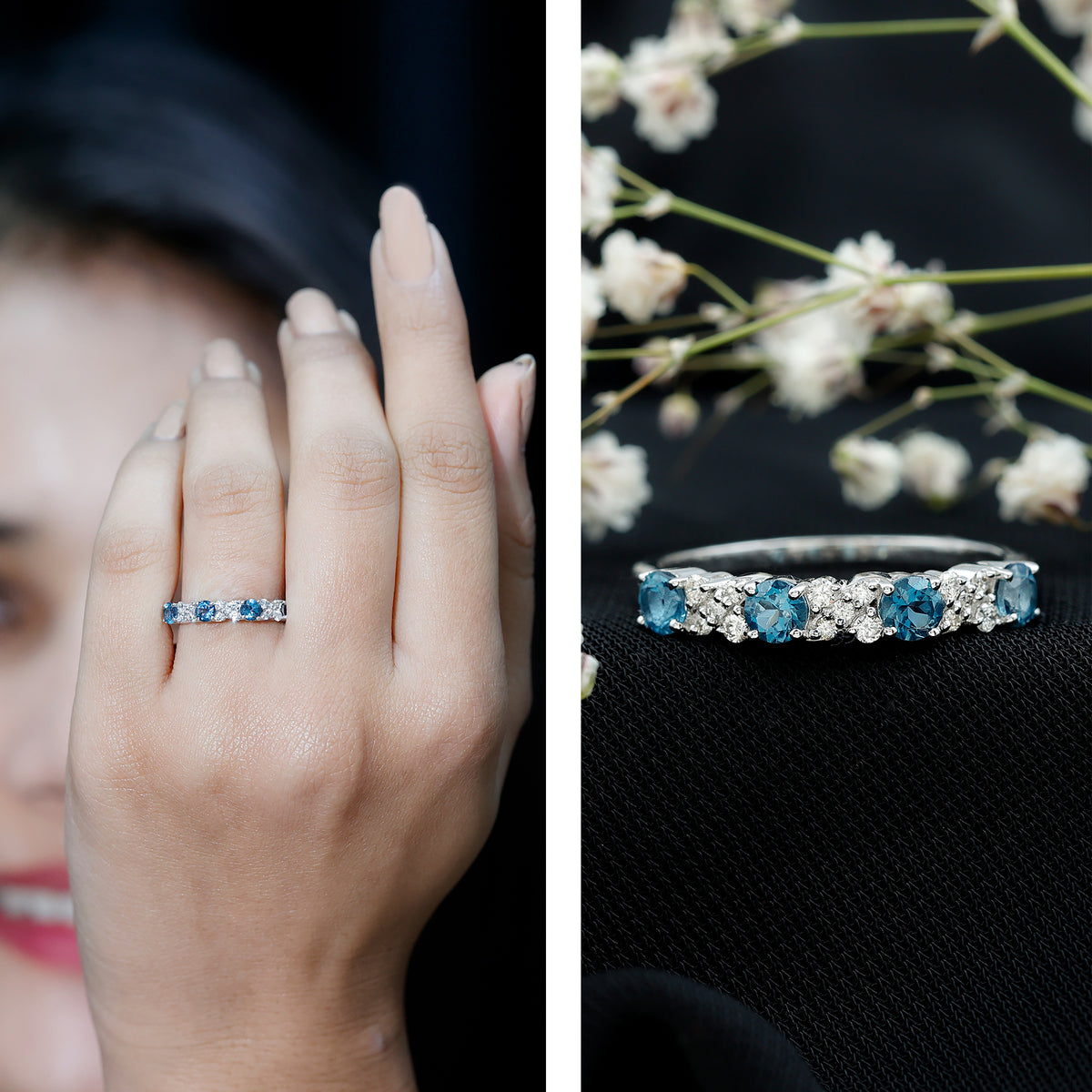 London Blue Topaz Semi Eternity Band with Diamond AAA - Rosec Jewels